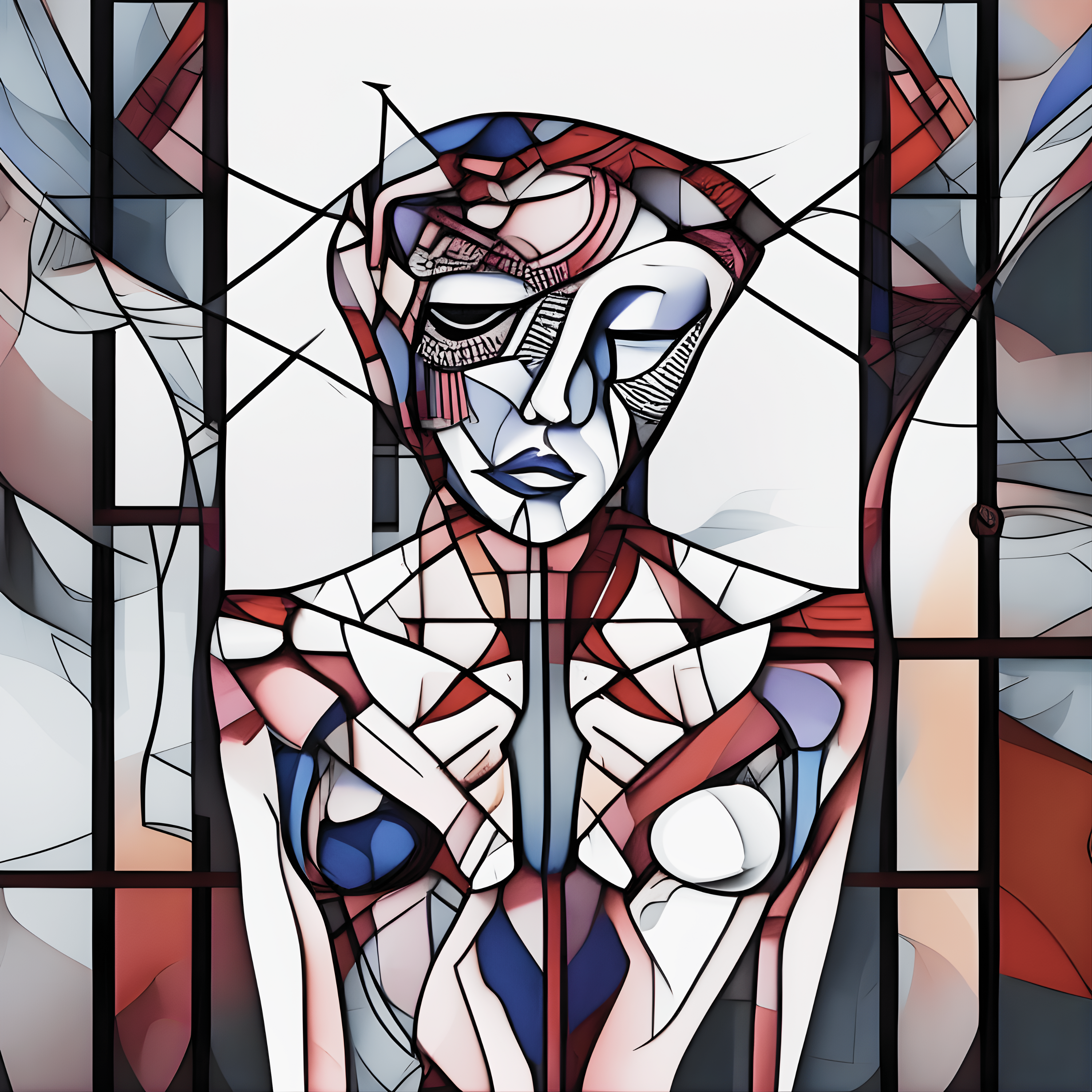 An abstract figure with geometric shapes and bold colors.