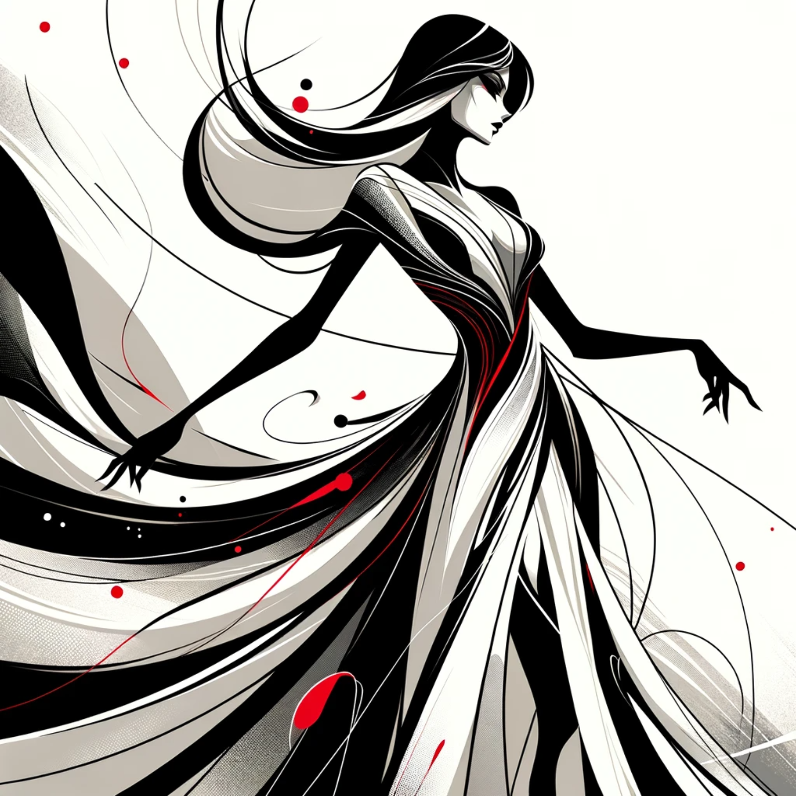 A stylized figure in a flowing dress with abstract lines and splashes of red.