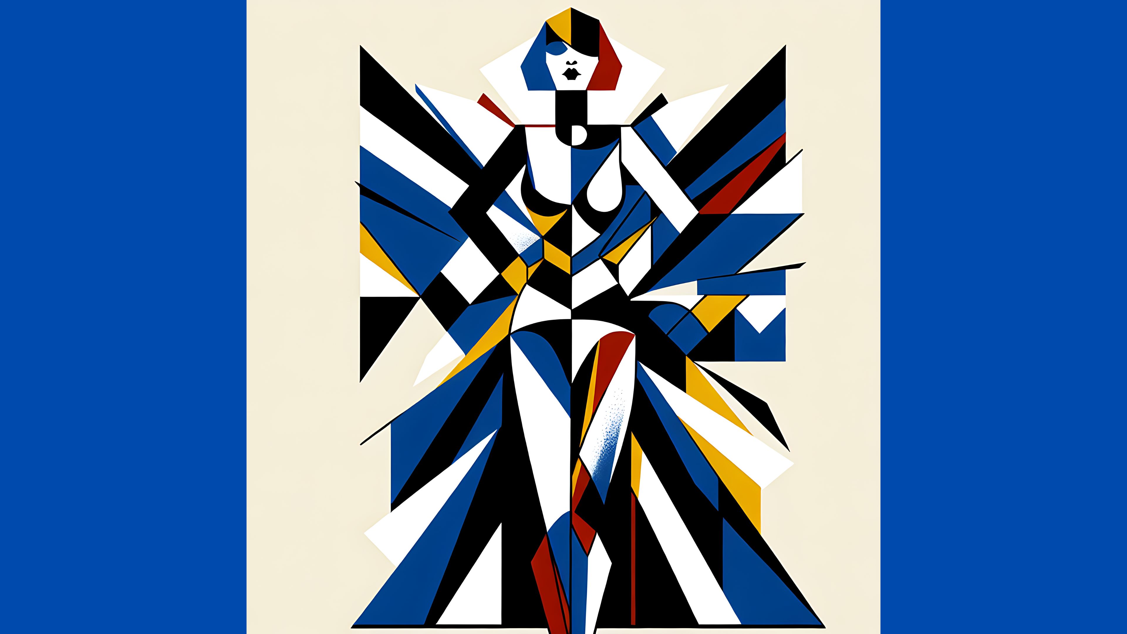 A stylized figure composed of geometric shapes in bold colors.