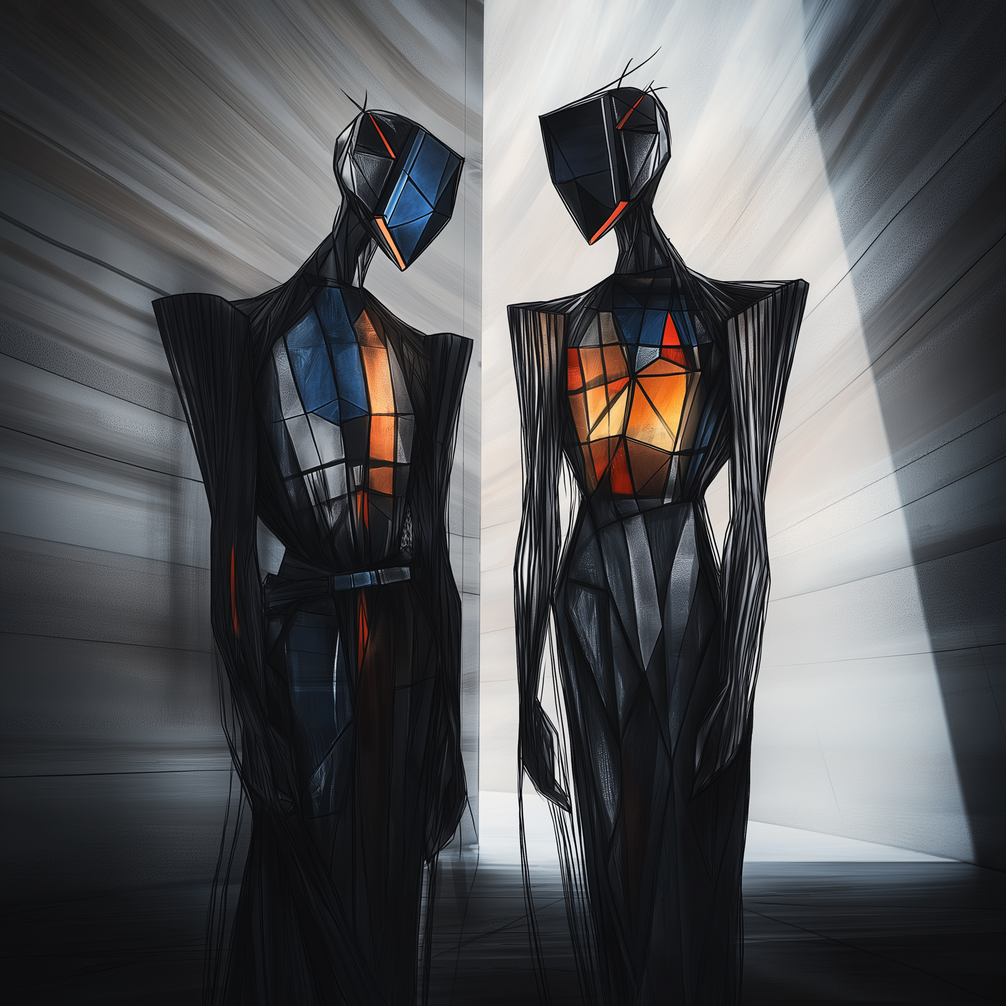 Two abstract human-like figures with geometric forms and contrasting colors stand in a light-filled space.