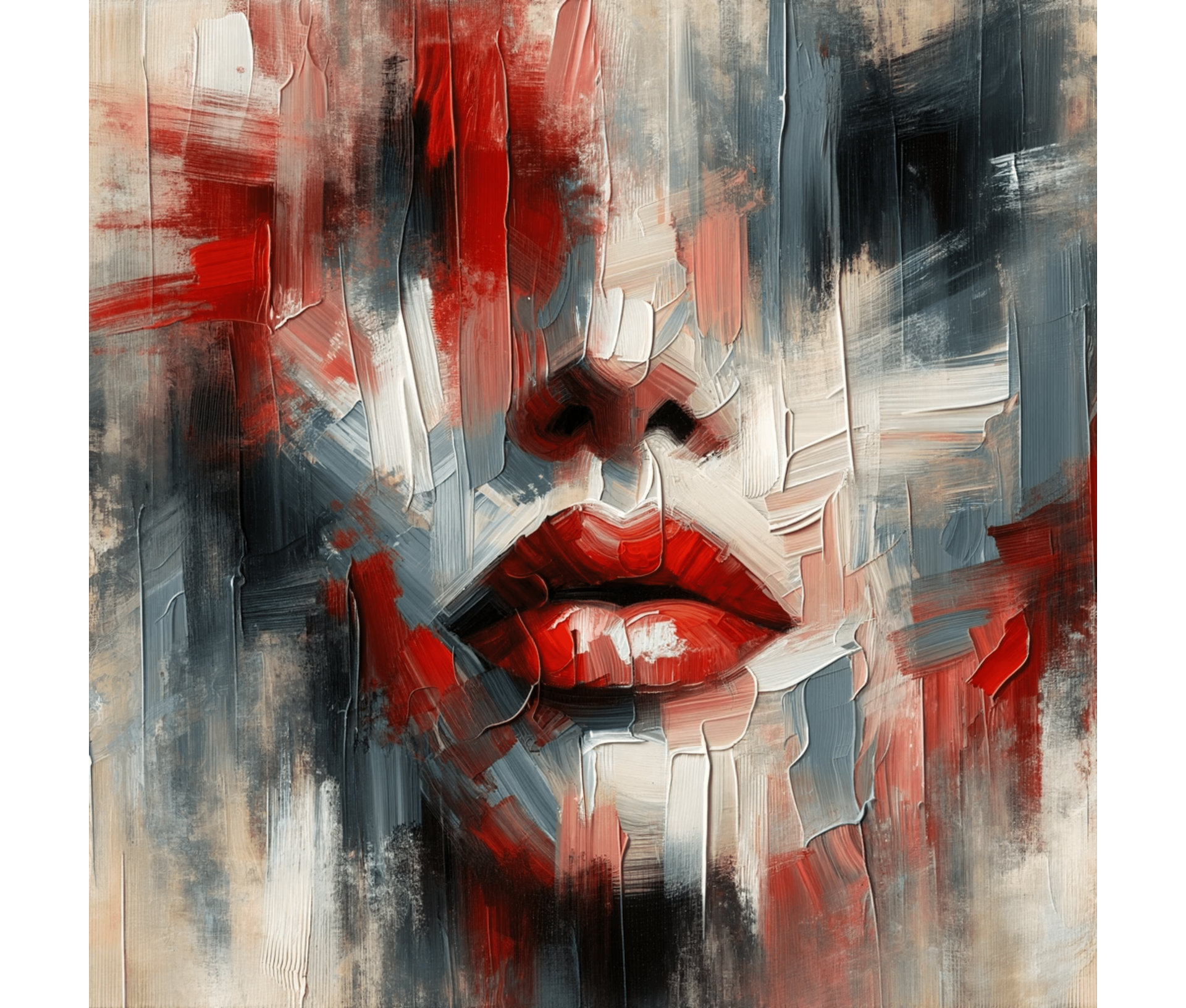 An abstract representation of a face with bold red lips and textured brush strokes.