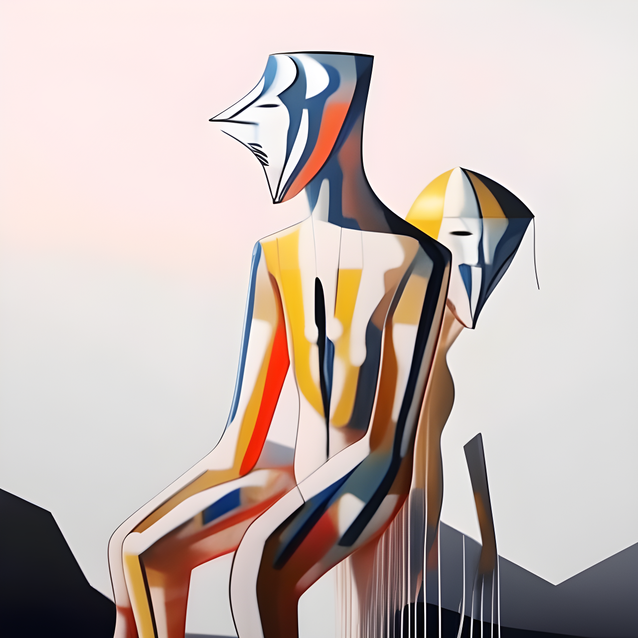Two abstract human-like figures with exaggerated features sit against a soft gradient background.