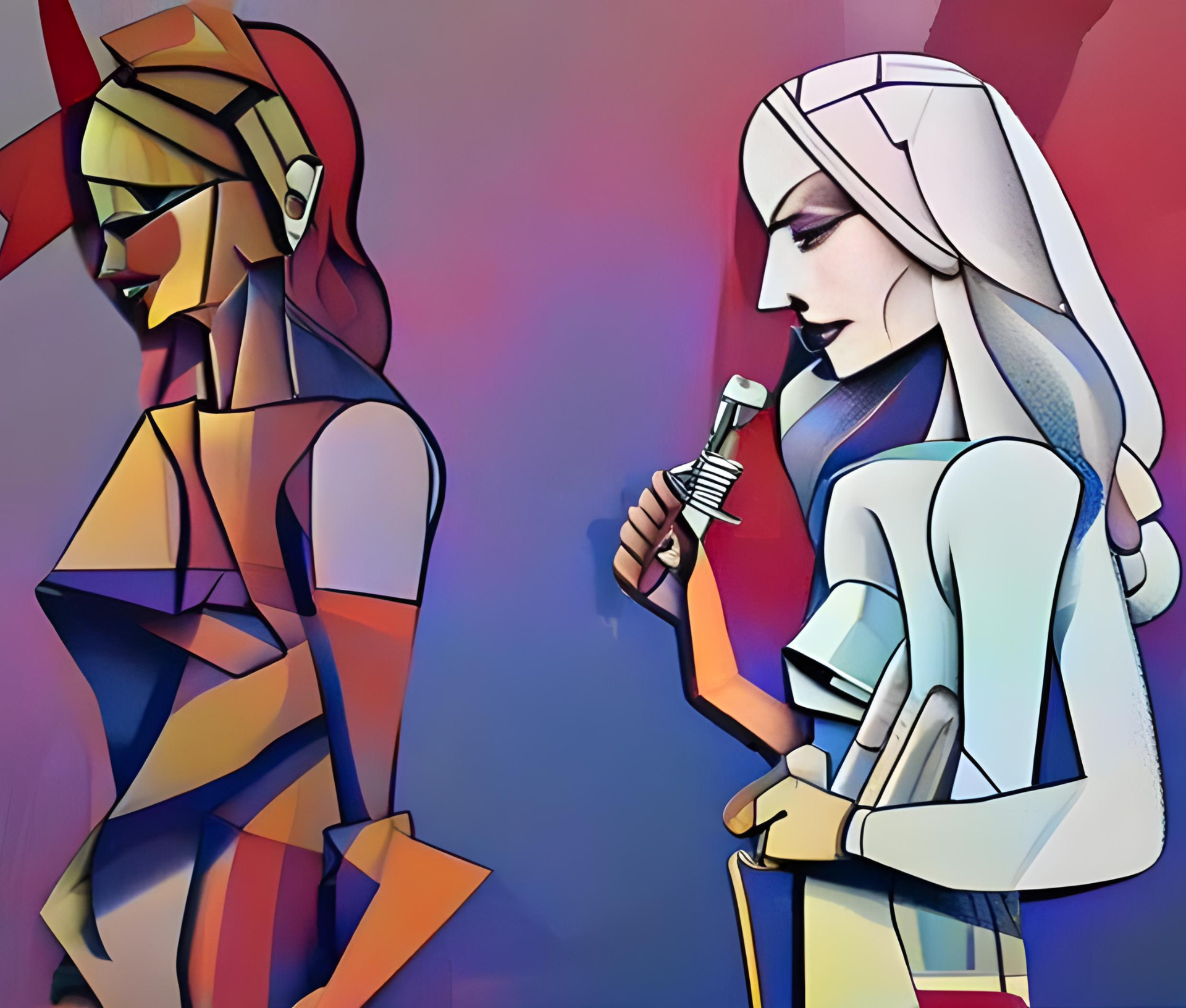 Two abstract figures in a stylized geometric form, one with red accents and the other in white, set against a colorful background.