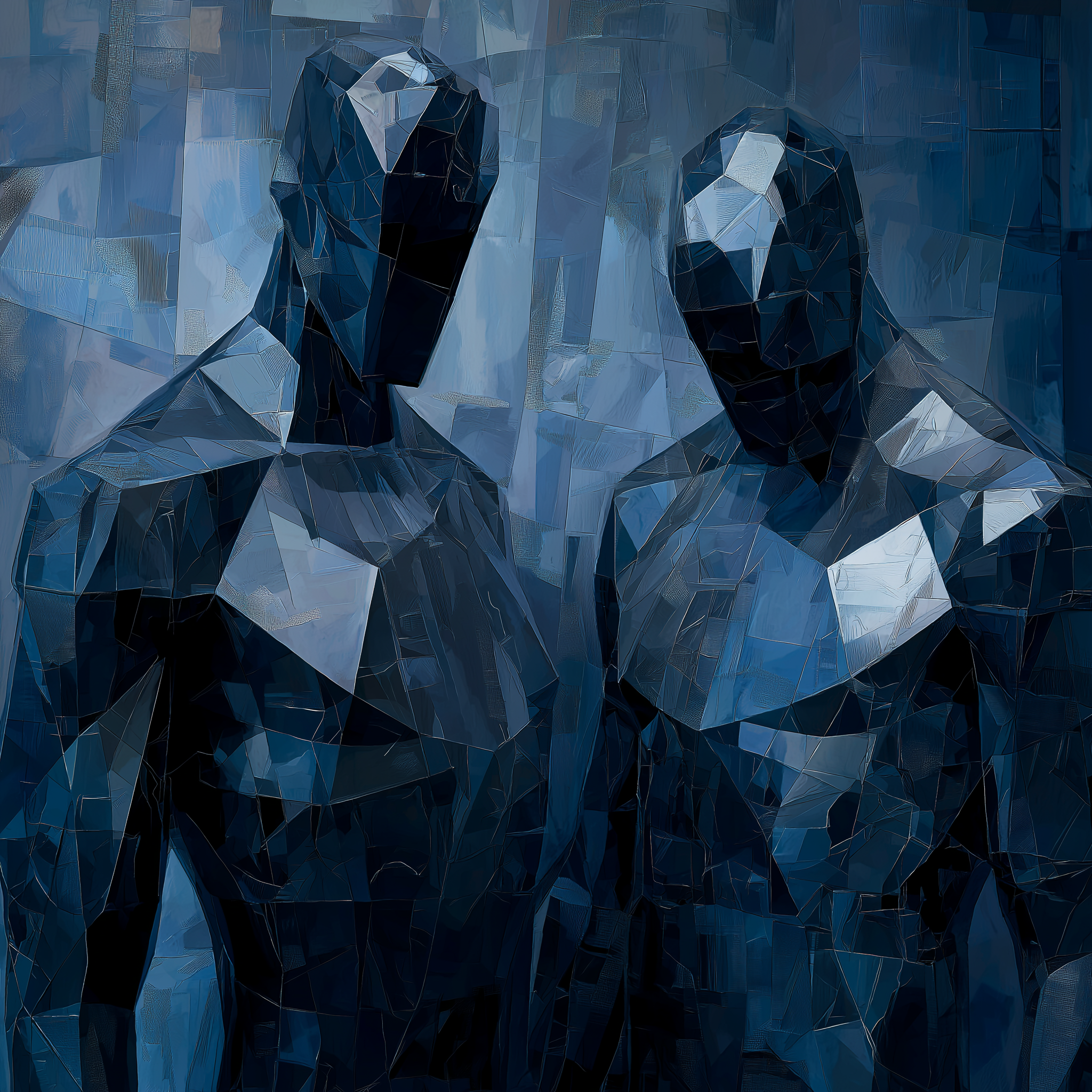 Two abstract human-like figures with angular shapes in dark blue tones.