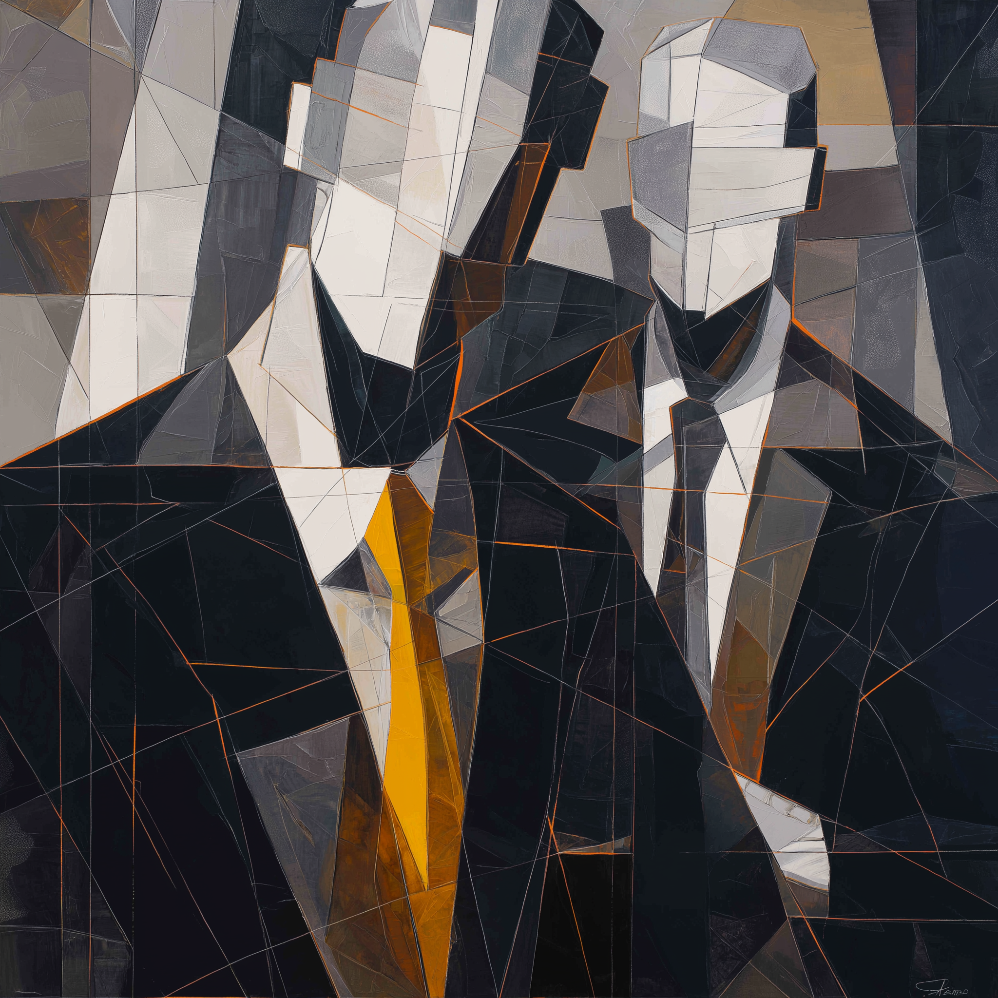 An abstract representation of two faceless figures in suits, emphasizing geometric shapes and contrasting colors.
