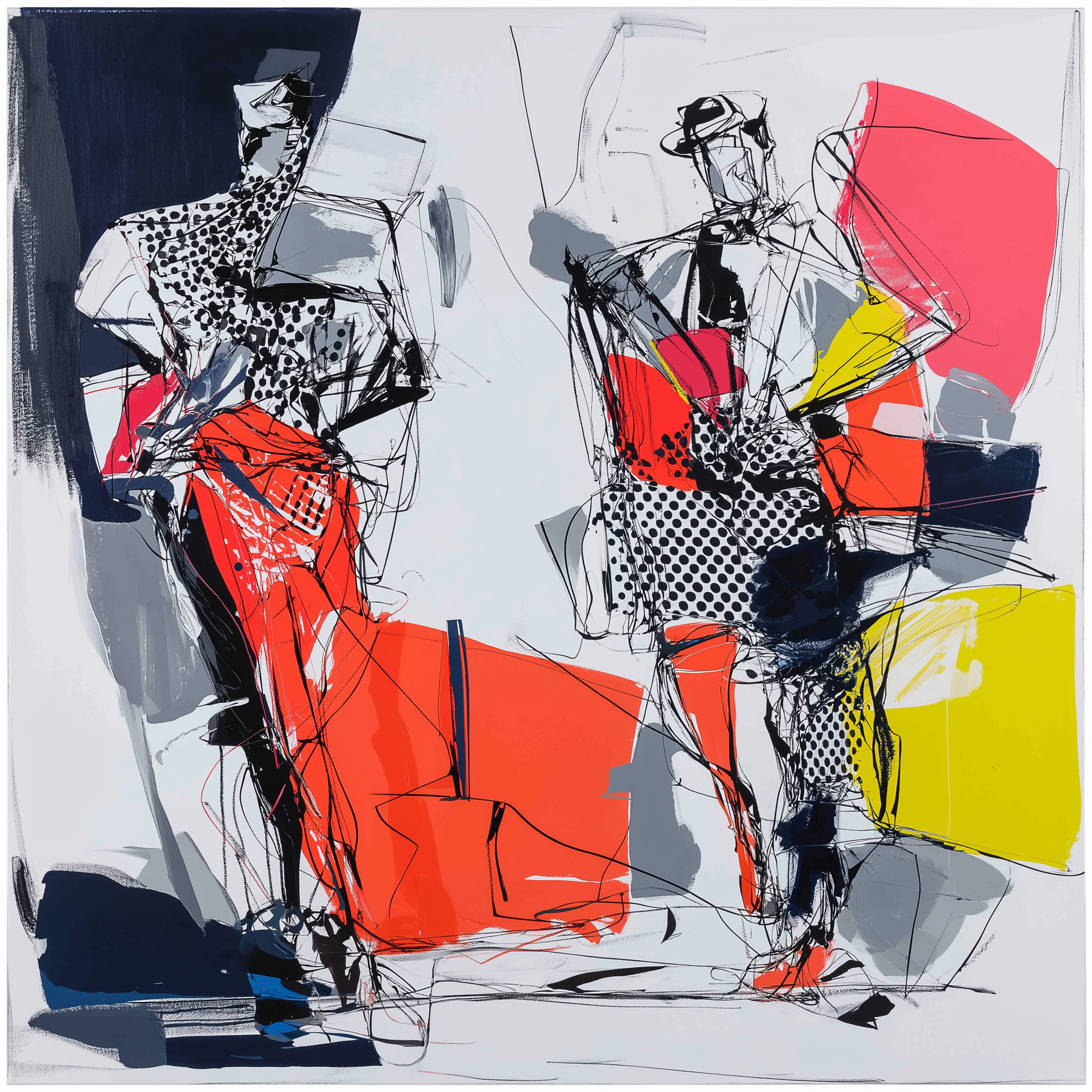 An abstract artwork featuring two human-like figures with bold colors and dynamic lines.