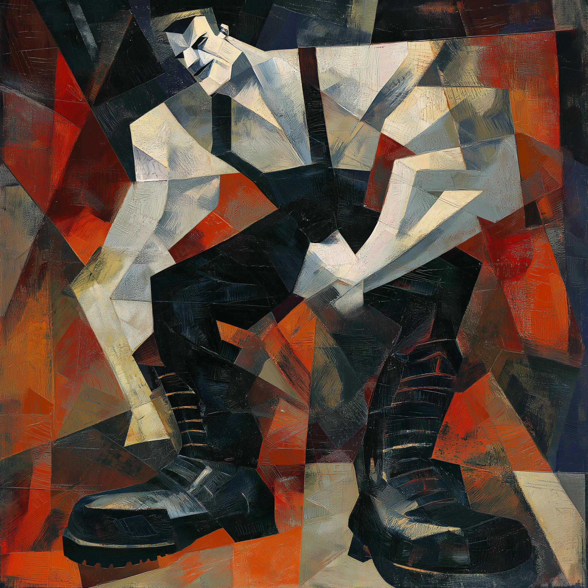 A stylized figure with exaggerated muscular features and large boots, set against a geometric background.