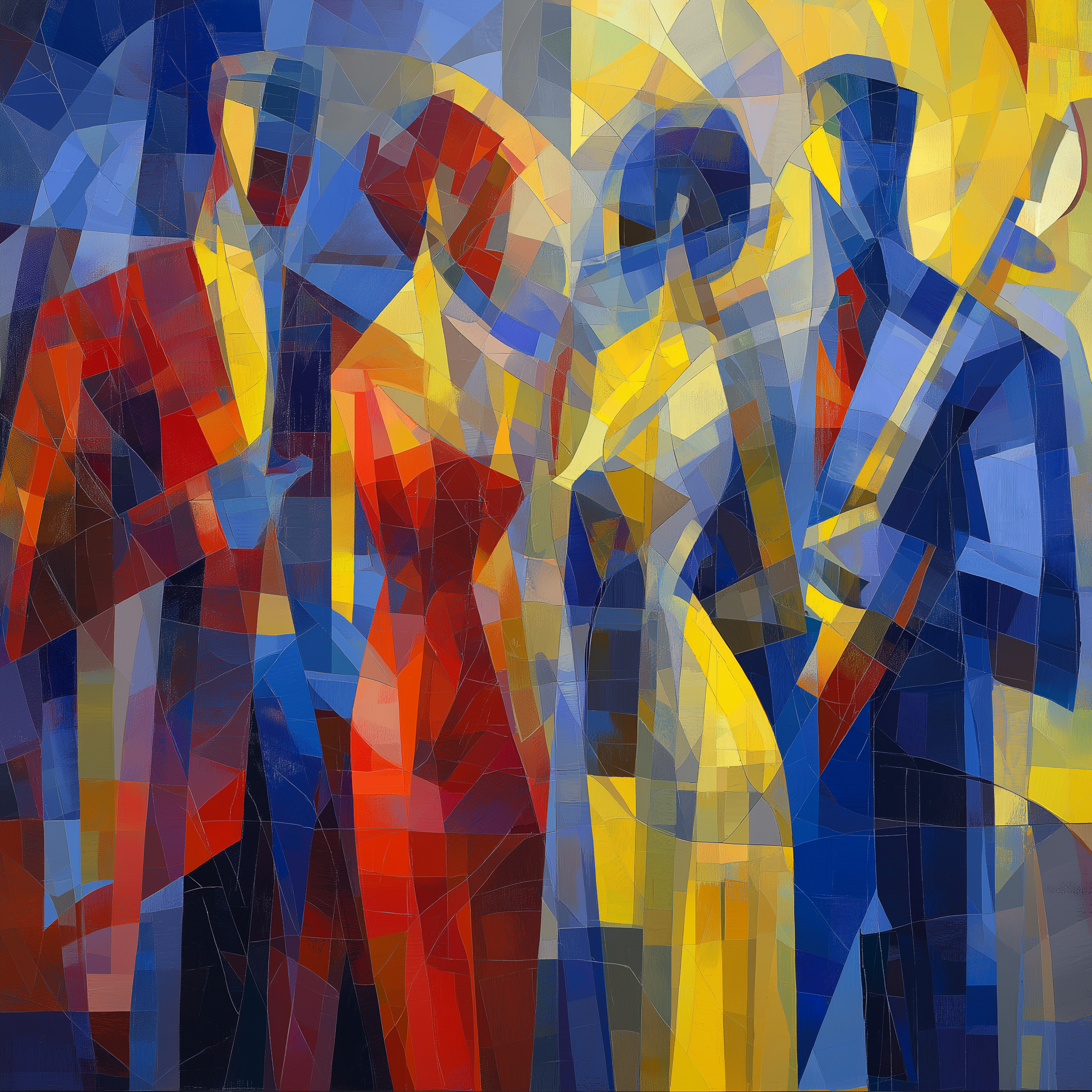 An abstract composition featuring four human-like figures in vibrant colors.