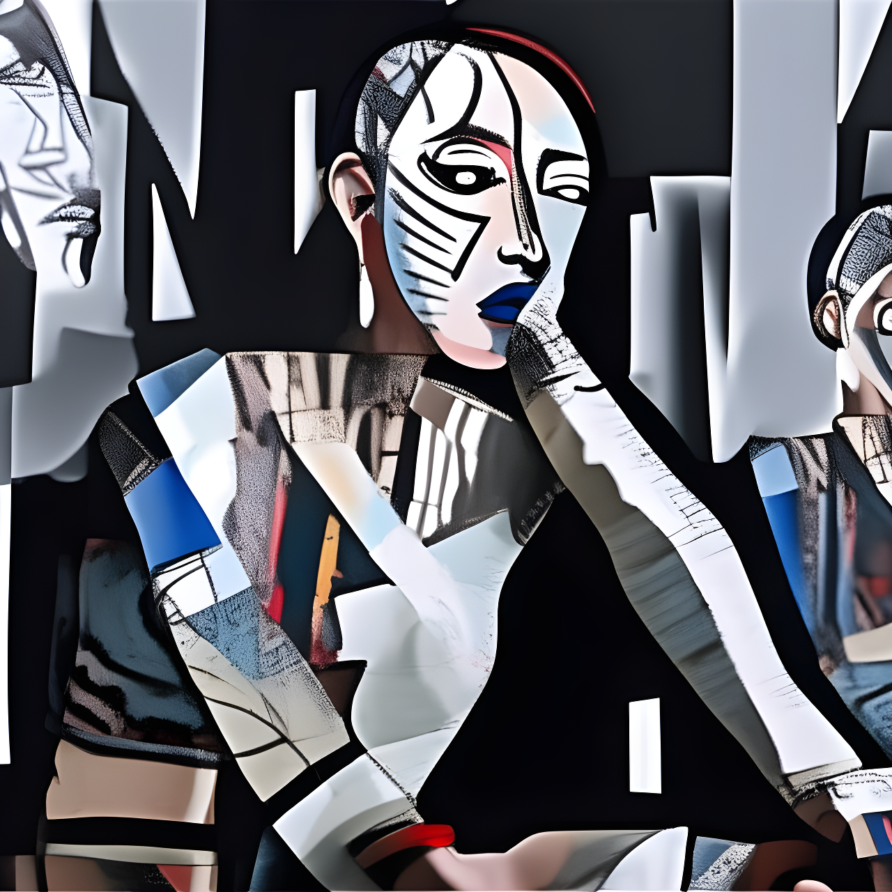 A digital caricature featuring abstract human-like figures with exaggerated features and geometric patterns.