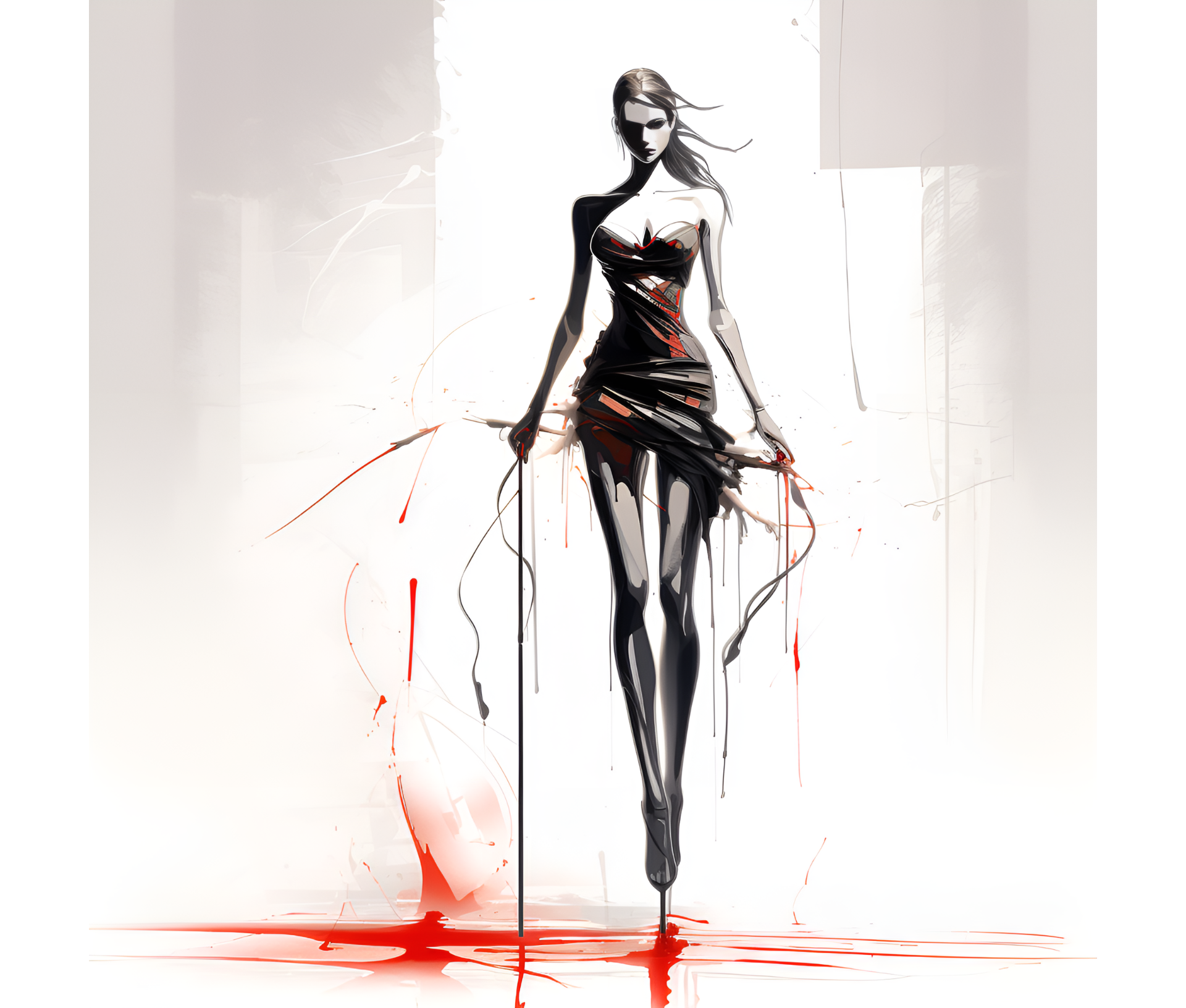 A stylized figure in a black dress stands against a light background with red splashes.