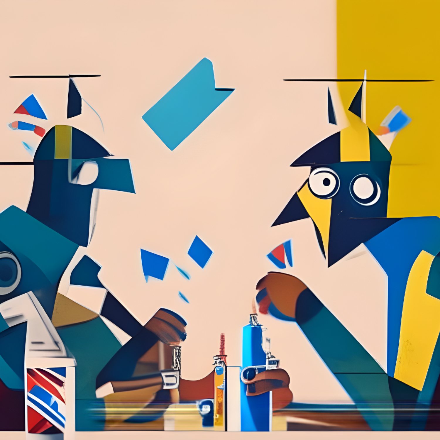 Two abstract figures engaging in a conversation with colorful geometric shapes around them.