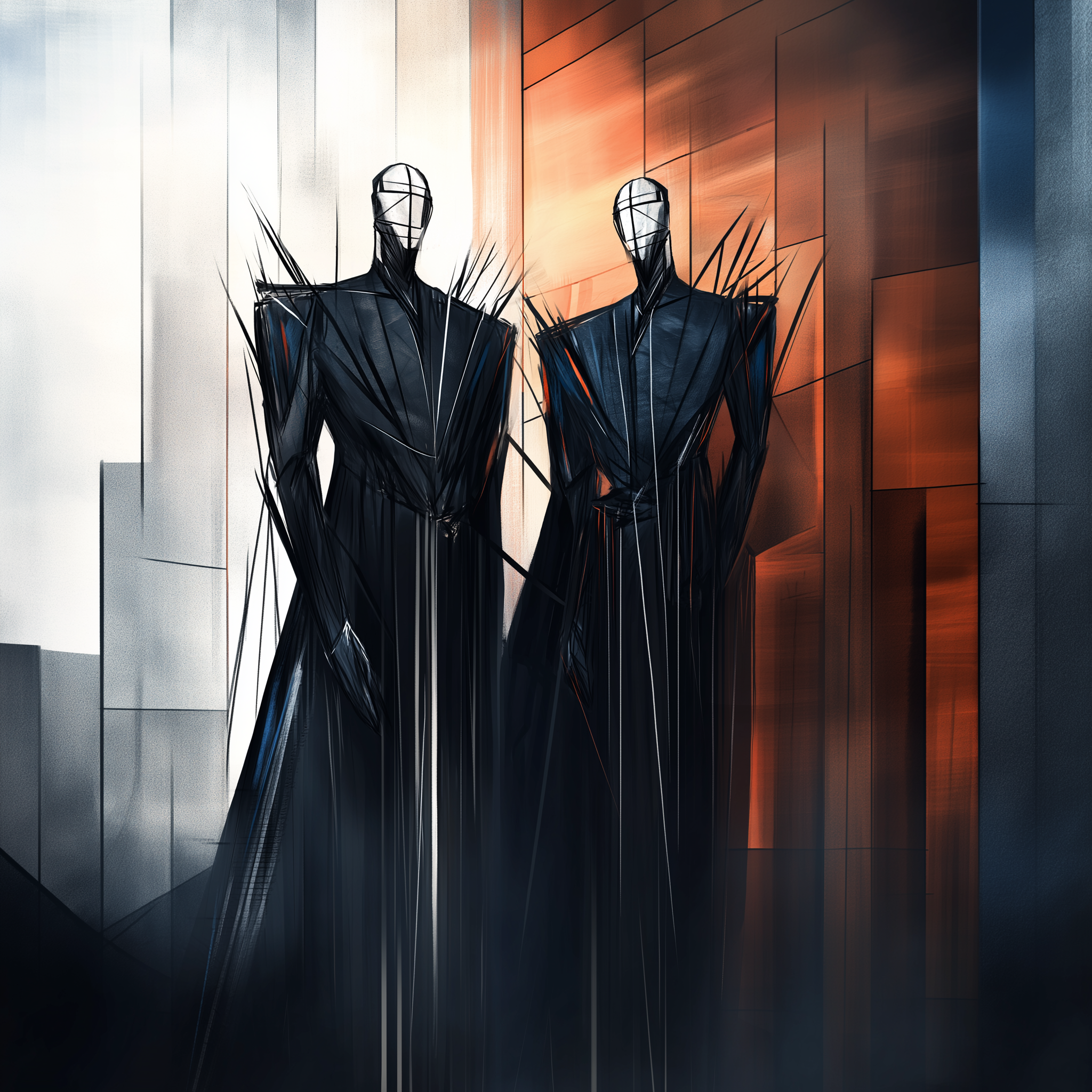 Two stylized figures with elongated forms and sharp features stand against a geometric background.