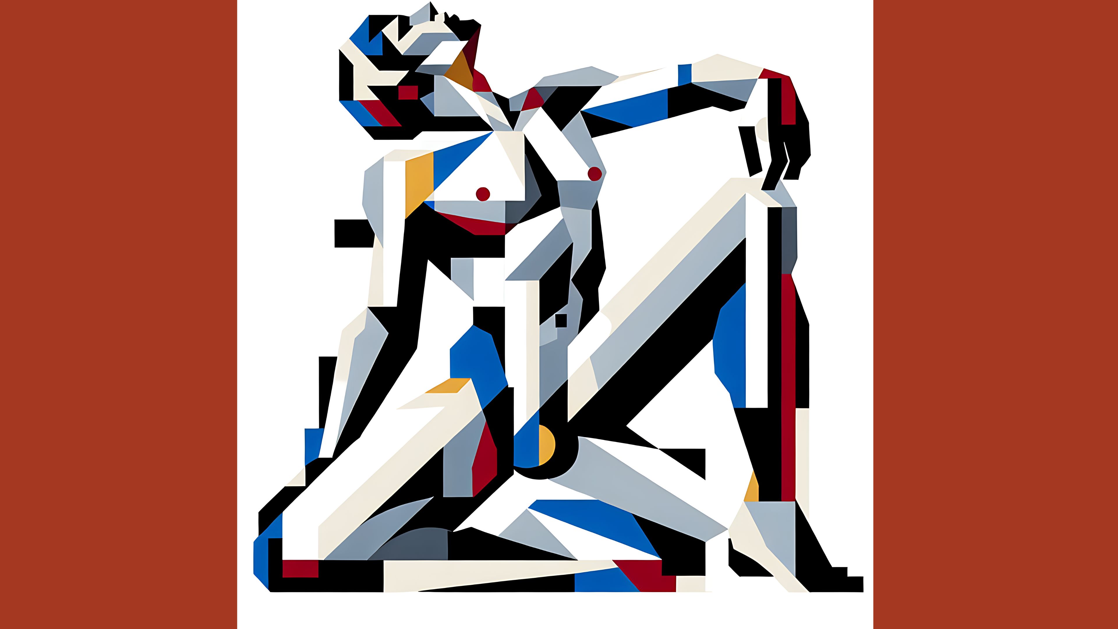 An abstract cubist representation of a human-like figure in a dynamic pose.