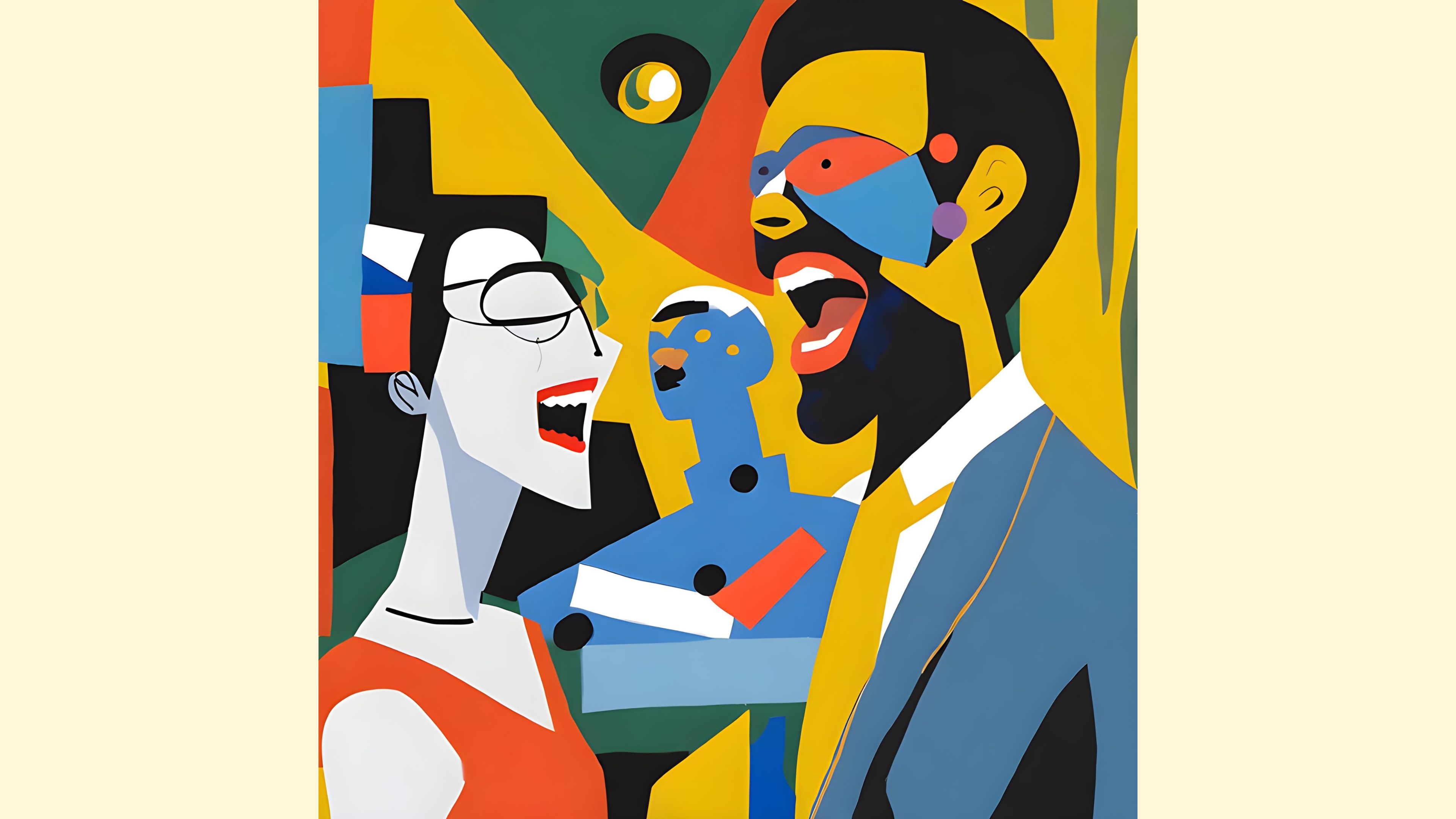 An abstract cubist artwork depicting two figures in vibrant colors, expressing emotion.
