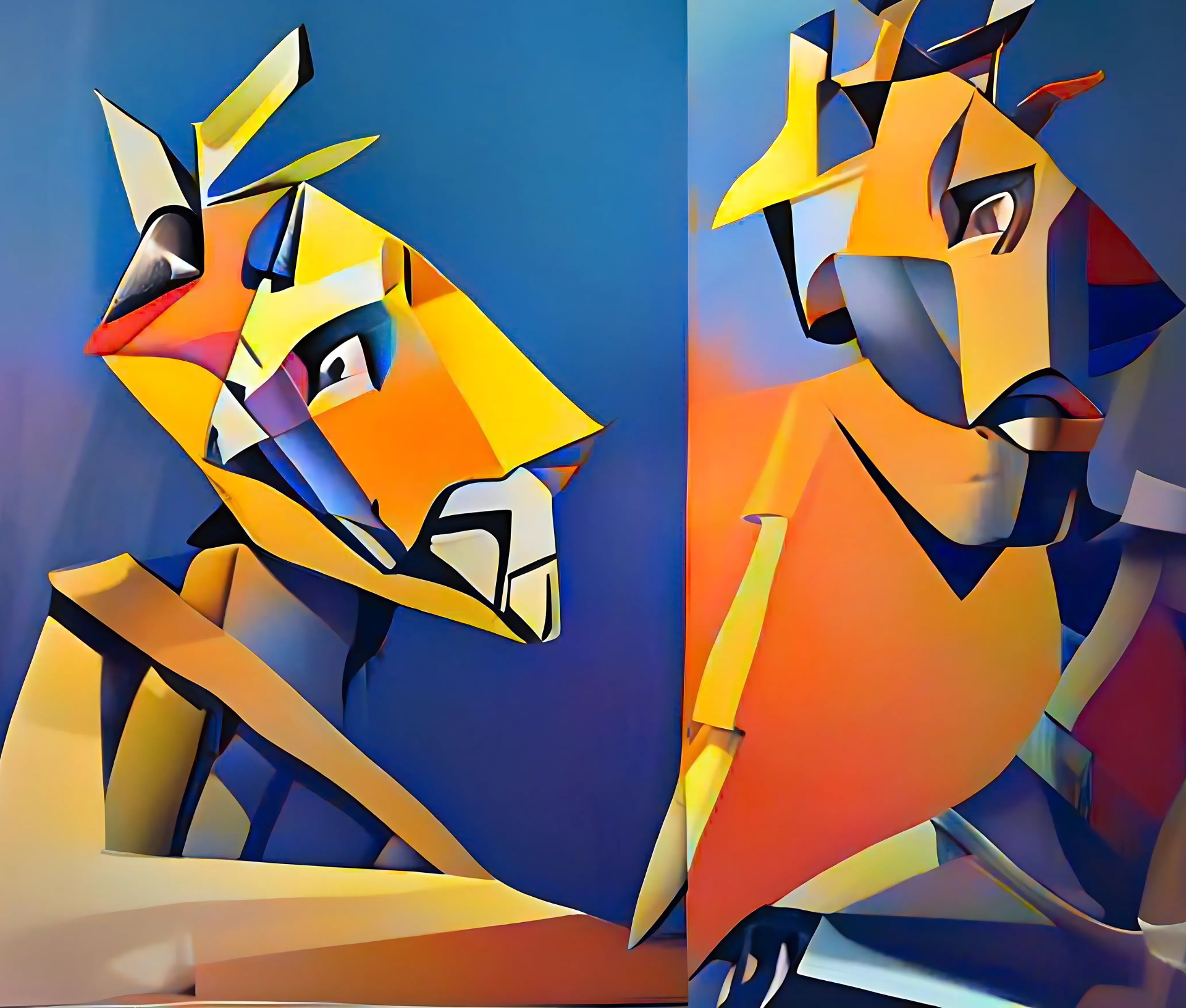 An abstract representation of two lion figures in vibrant colors.