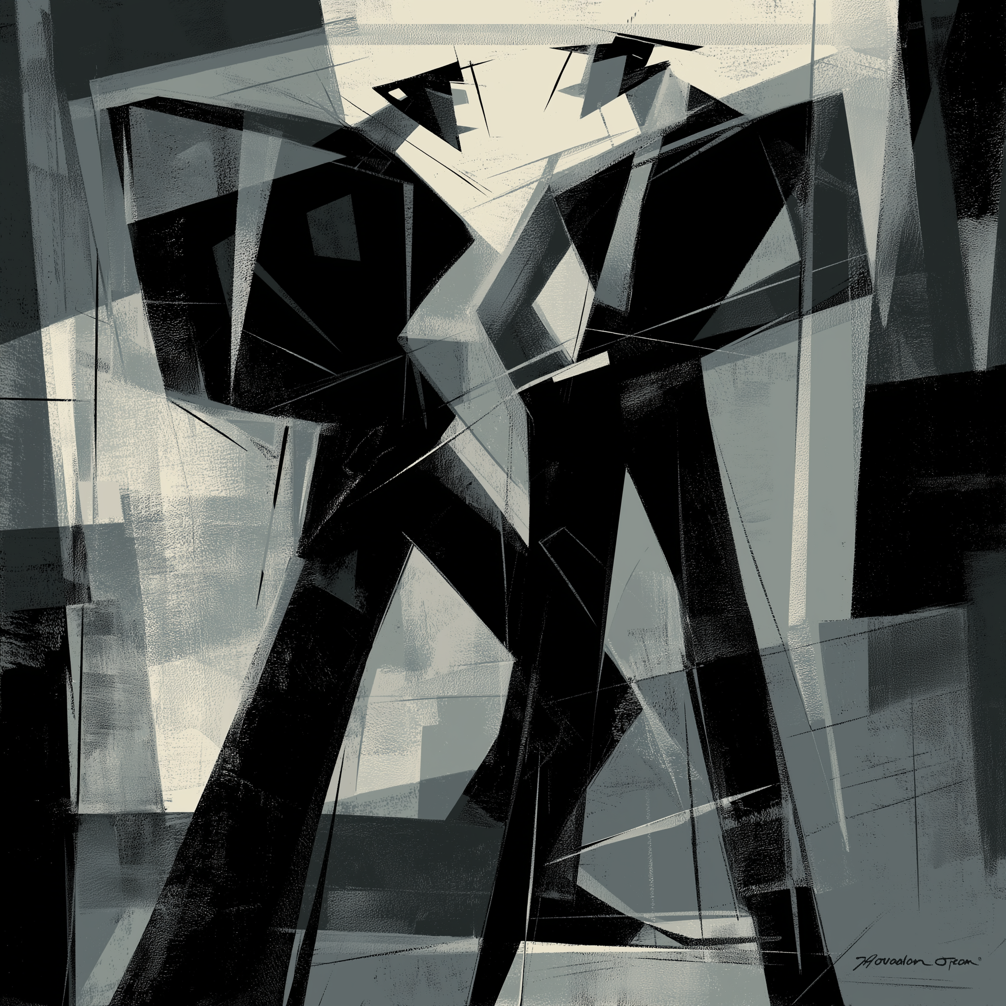 Two abstract human-like figures face each other in a dynamic pose.