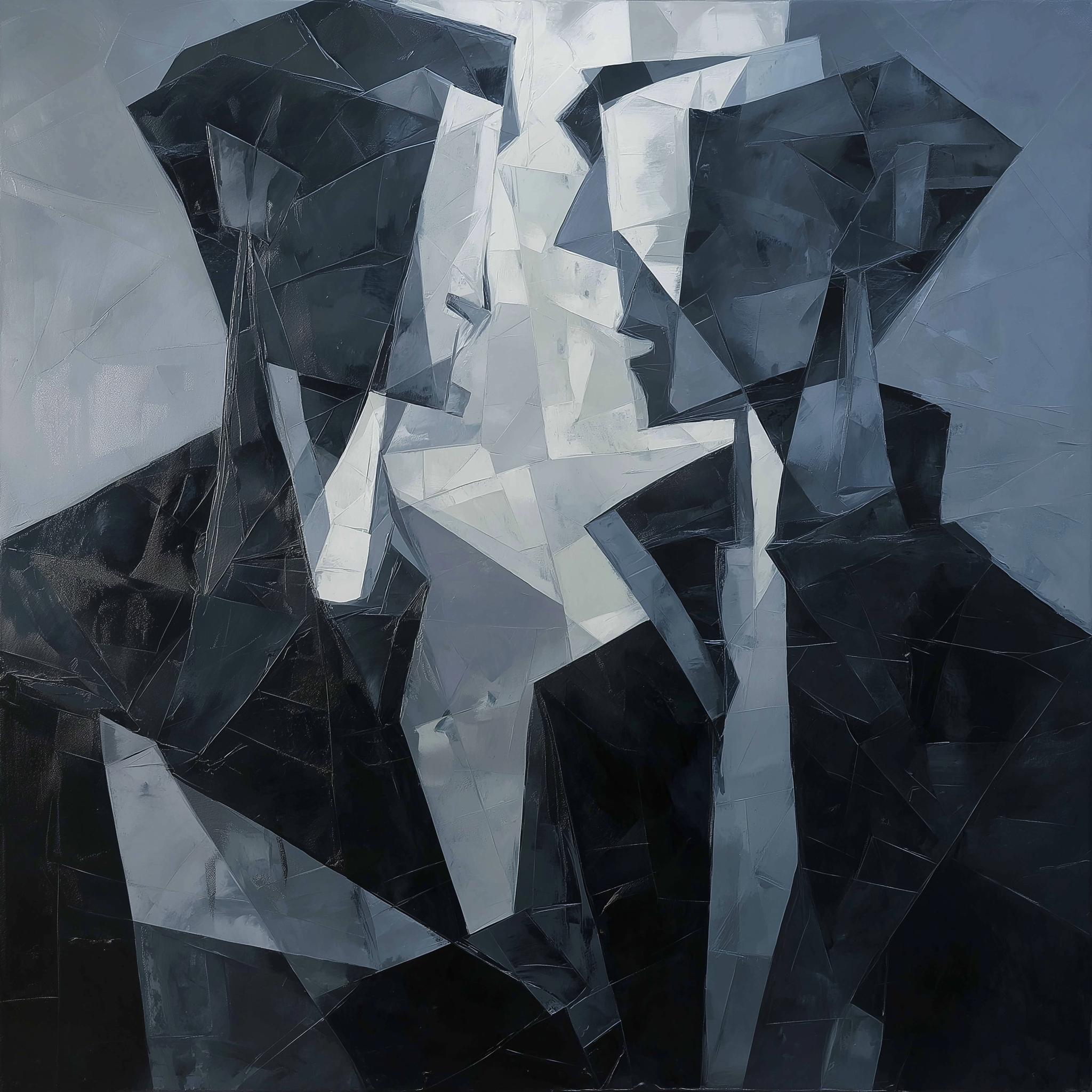 Two abstract human-like figures face each other in a geometric composition.