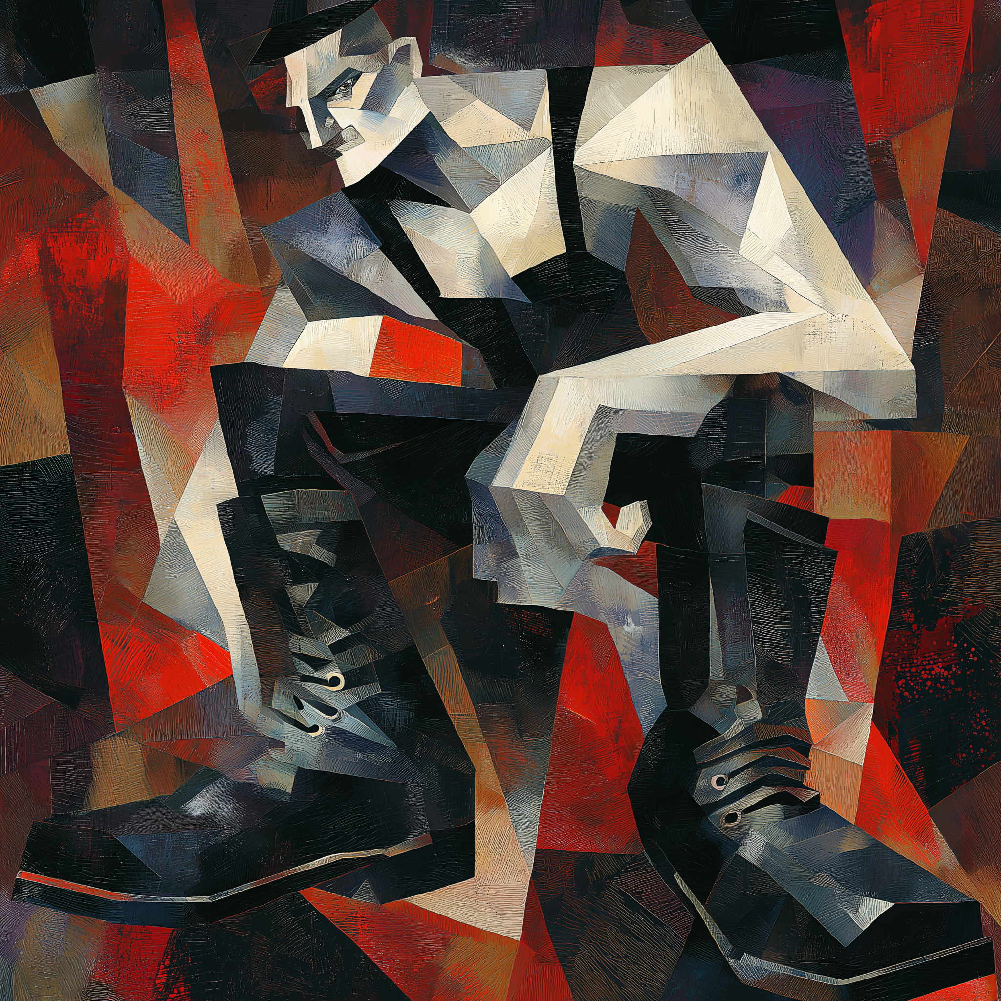 A stylized figure in black boots crouches with a muscular build against a backdrop of angular red and dark geometric shapes.
