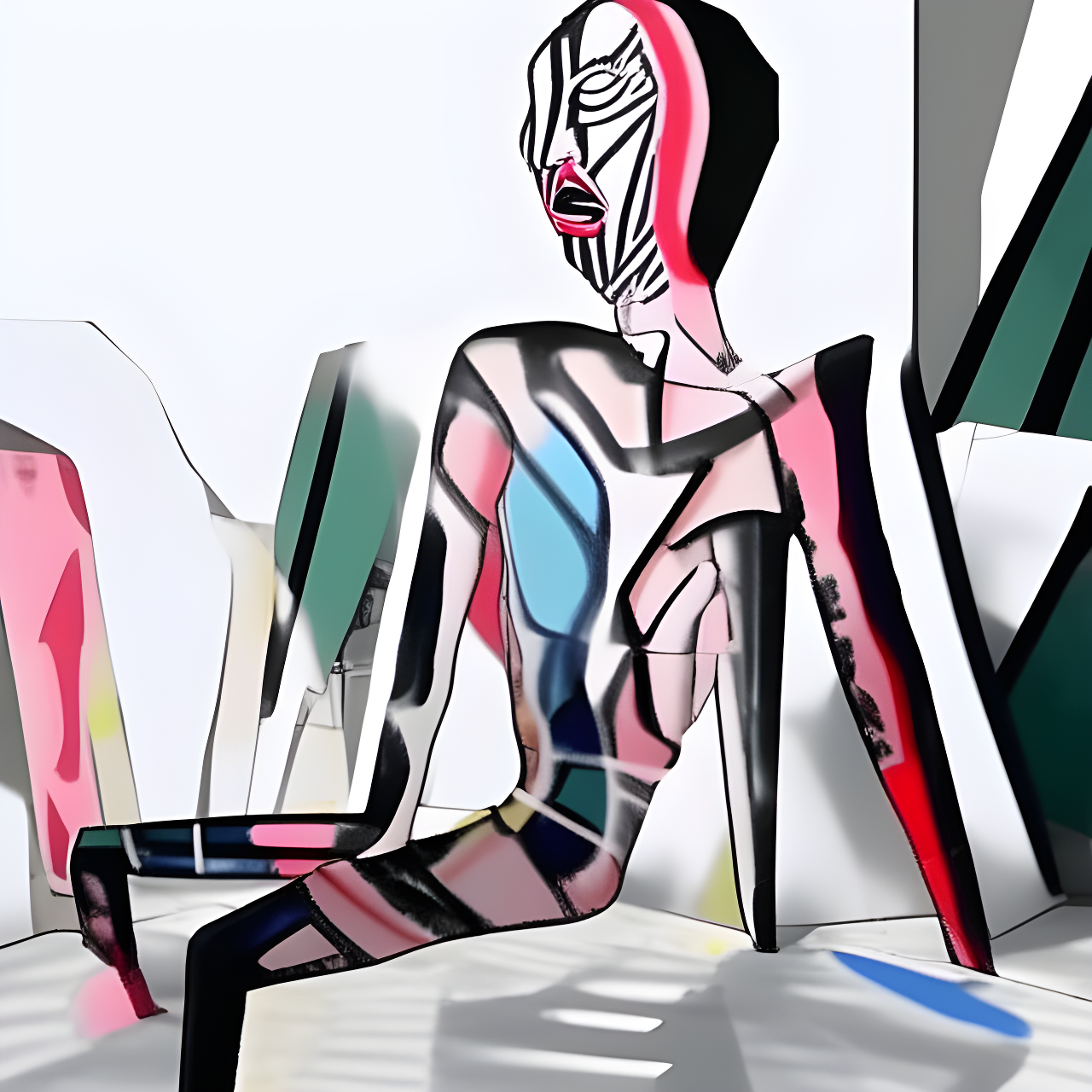 A stylized figure with abstract patterns and colors seated against a minimal background.