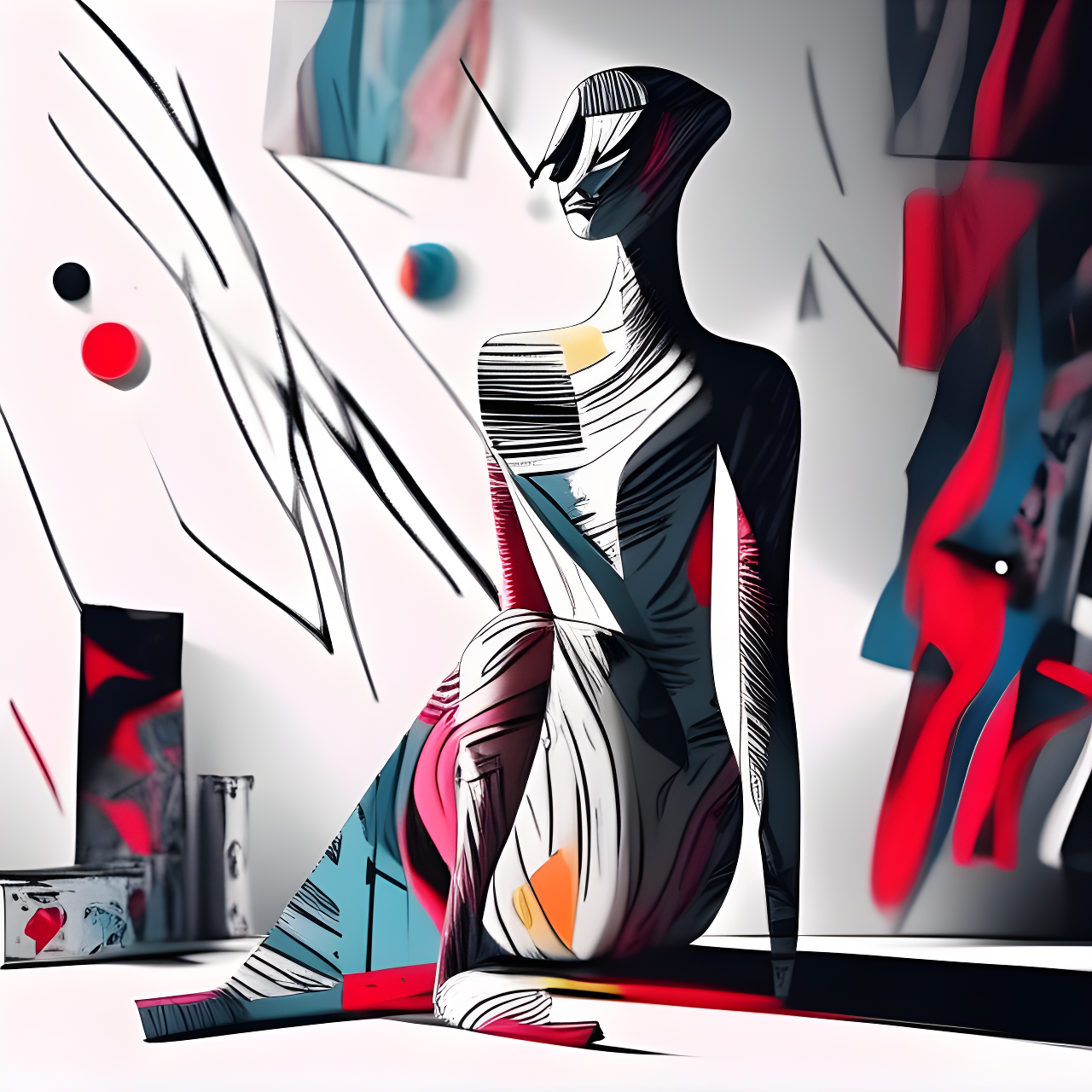 A stylized human-like figure with abstract patterns and colors.