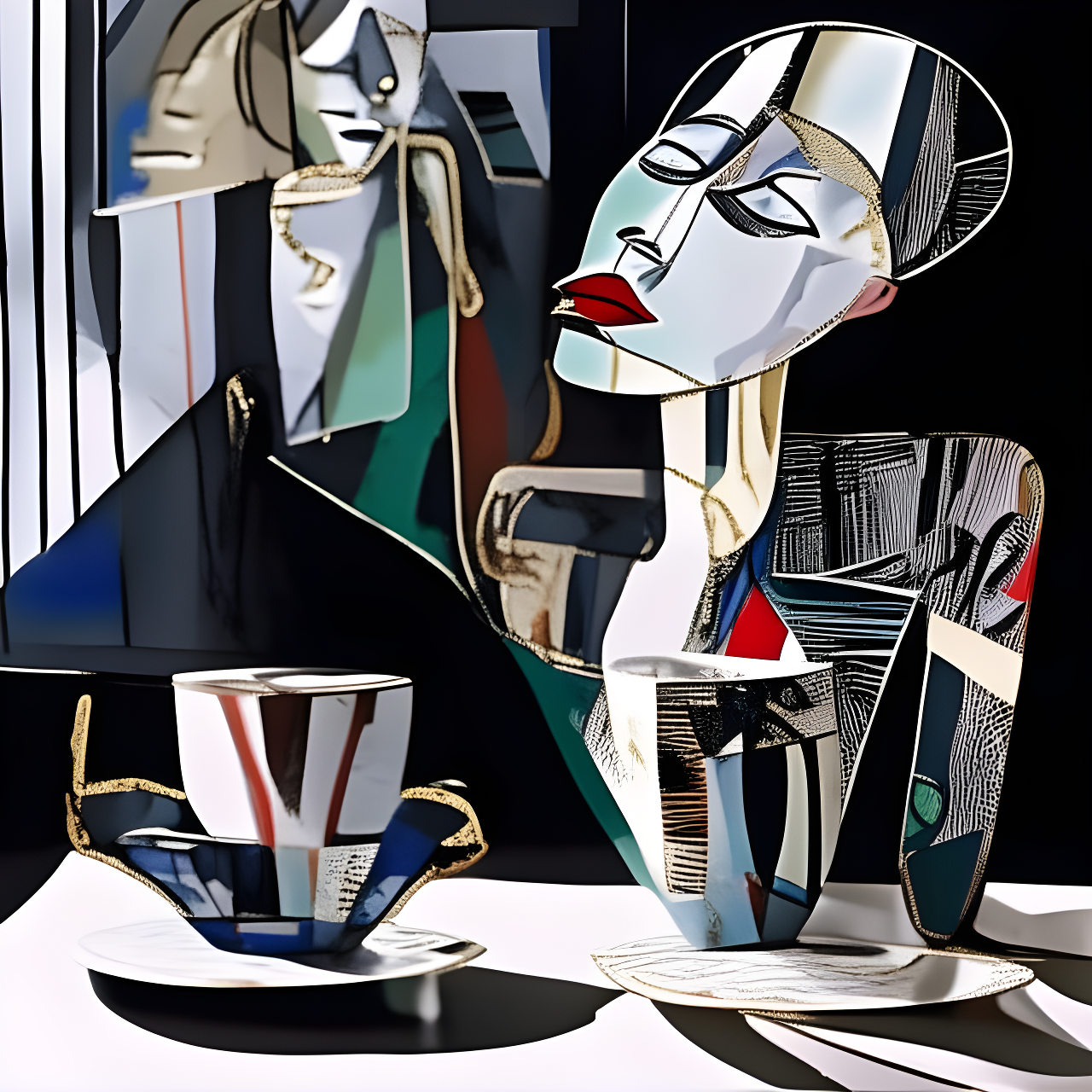 A stylized digital caricature featuring abstract human-like figures and coffee cups.