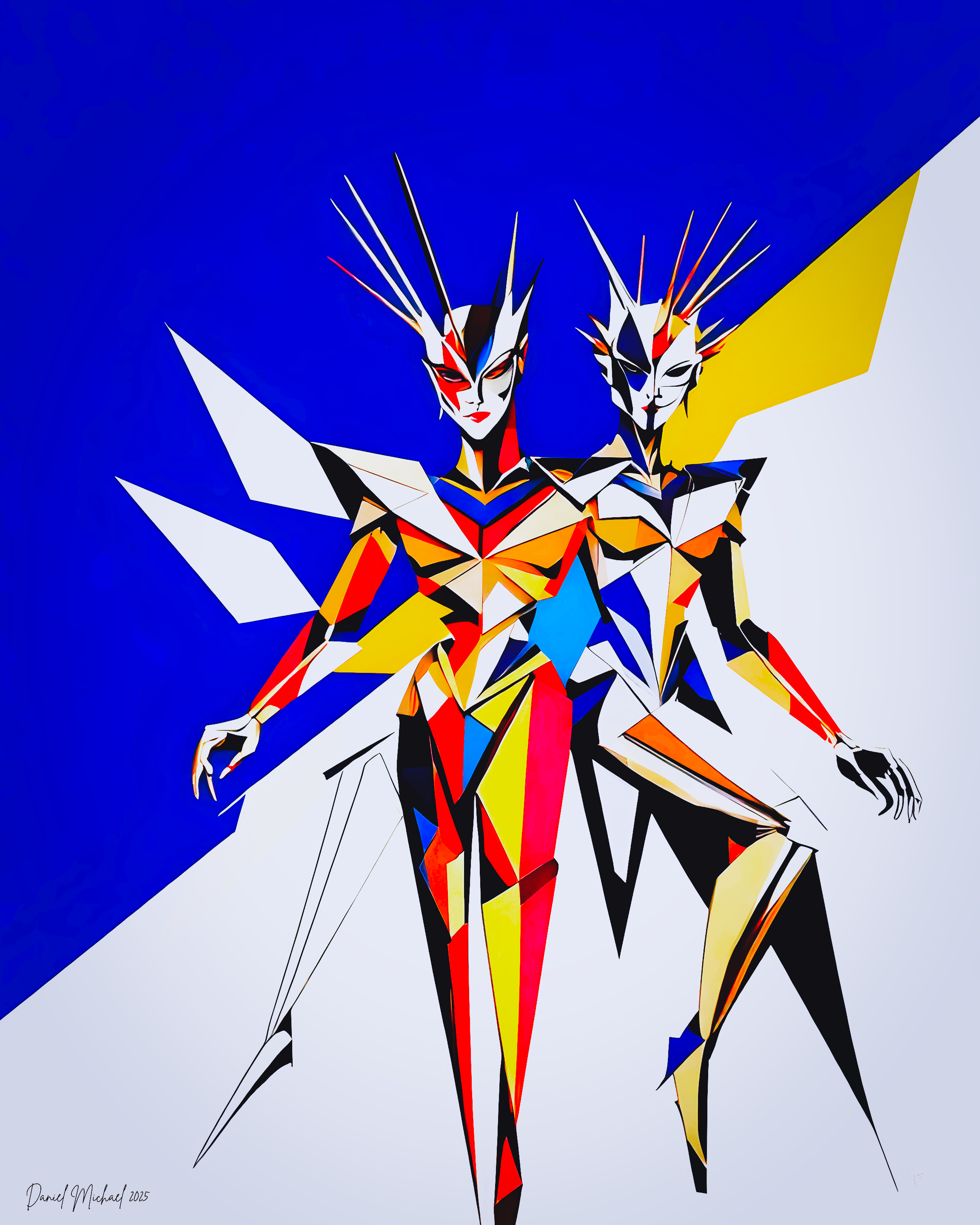 Two stylized human-like figures with angular shapes and vibrant colors against a blue and yellow background.