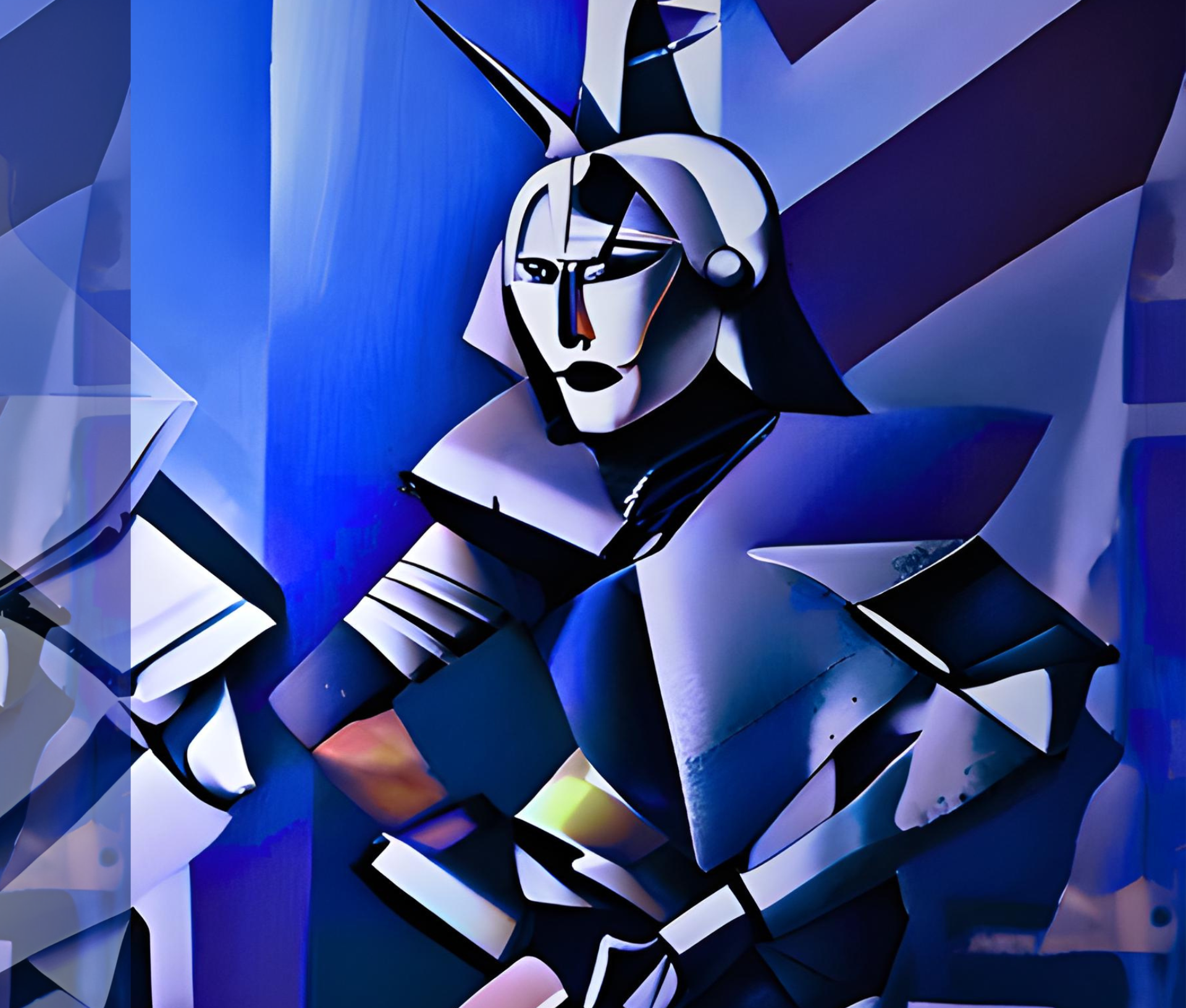 An abstract figure with geometric shapes and a blue color scheme.