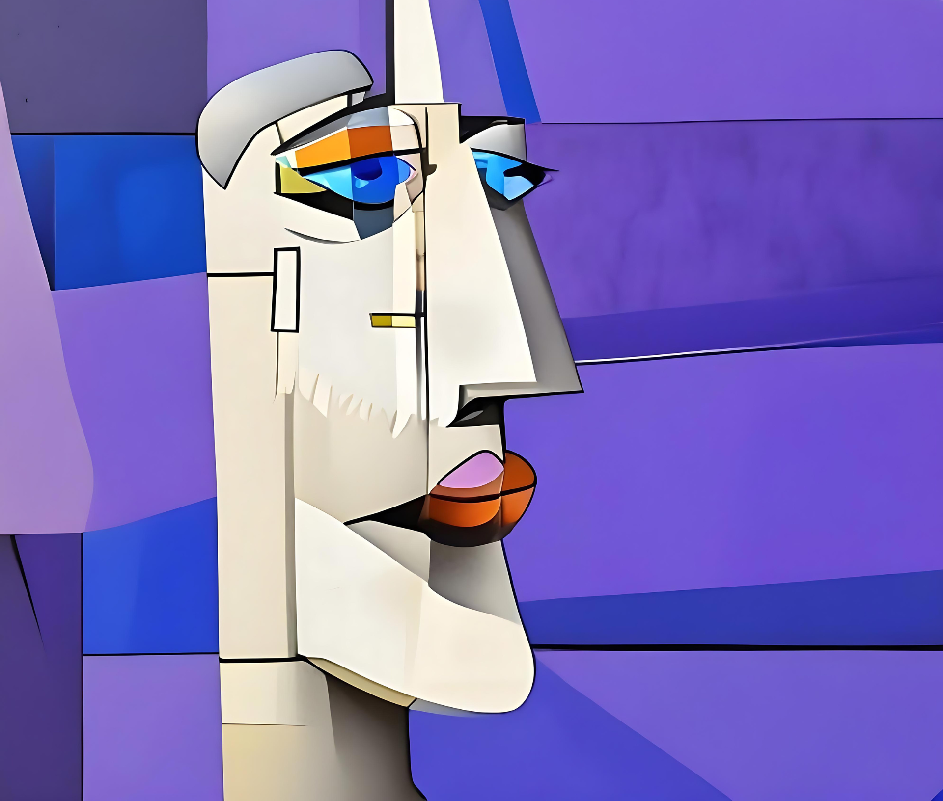 A stylized portrait of a human-like figure with geometric features against a purple background.
