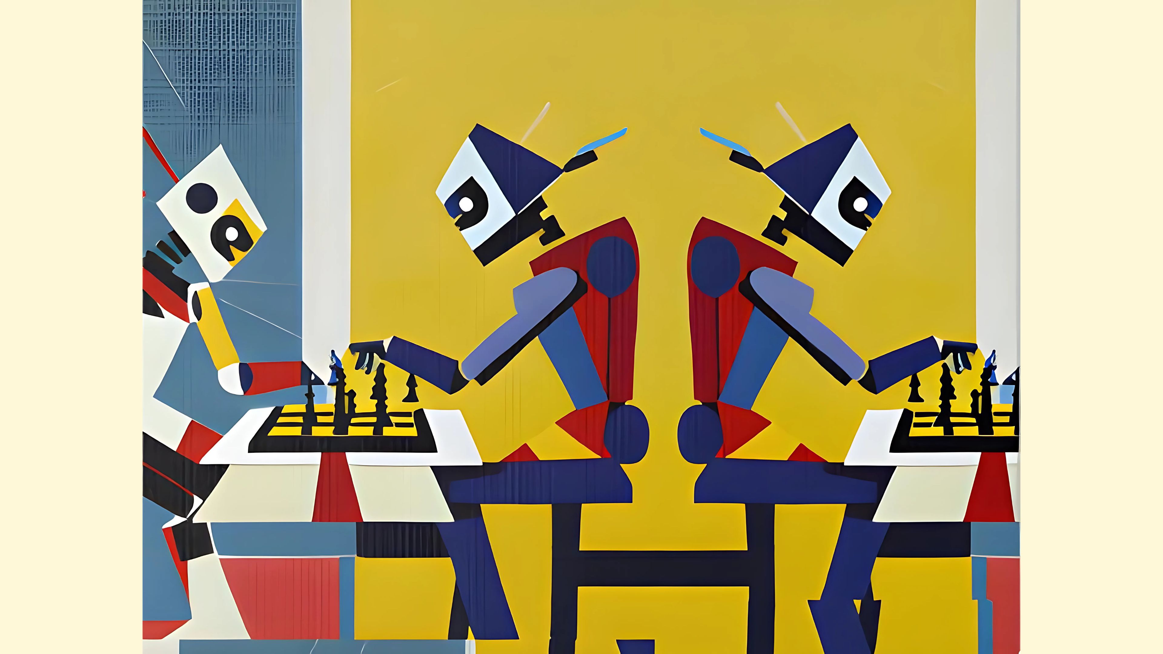 Two robotic figures playing chess in a cubist style.