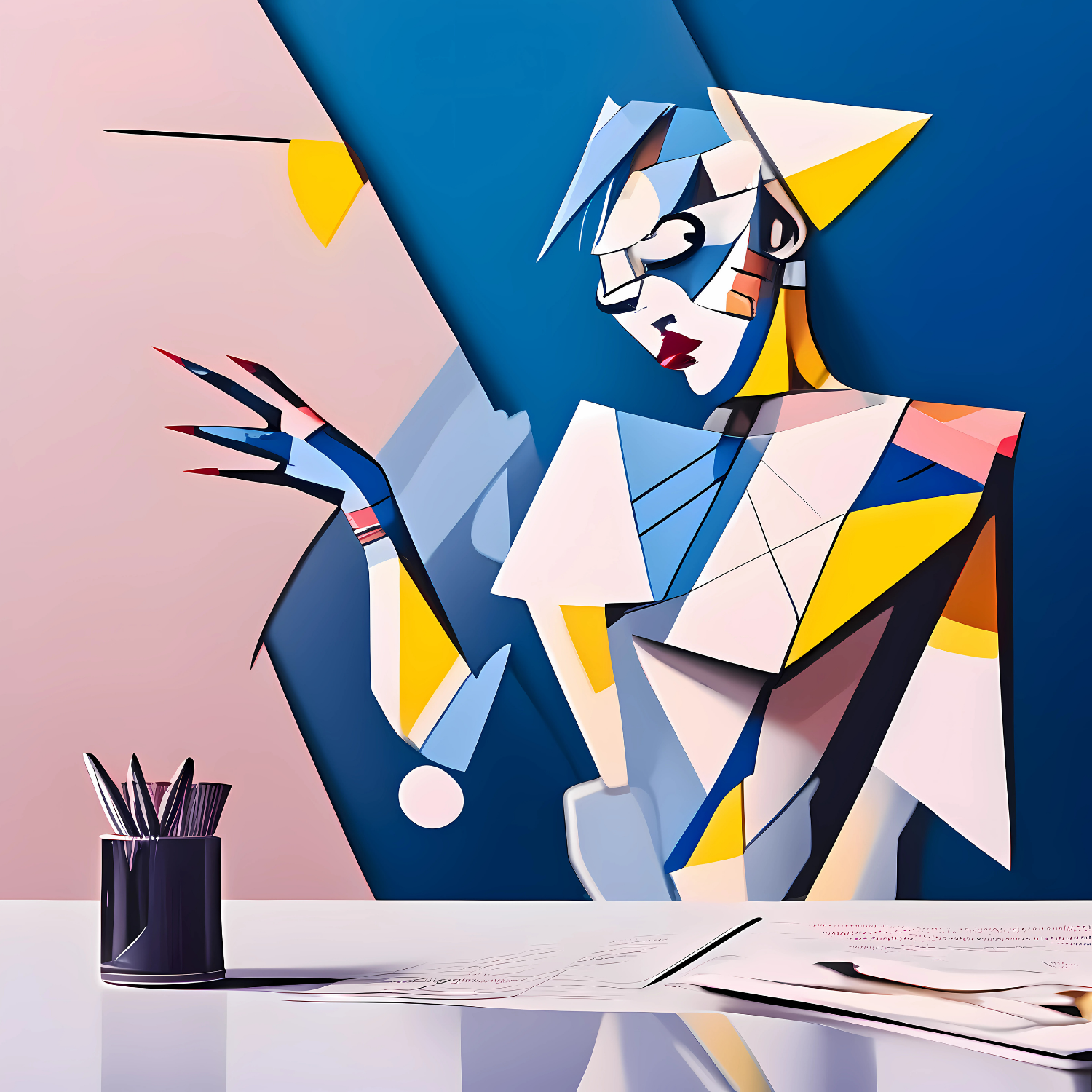 A stylized figure with angular shapes and vibrant colors stands against a geometric background.