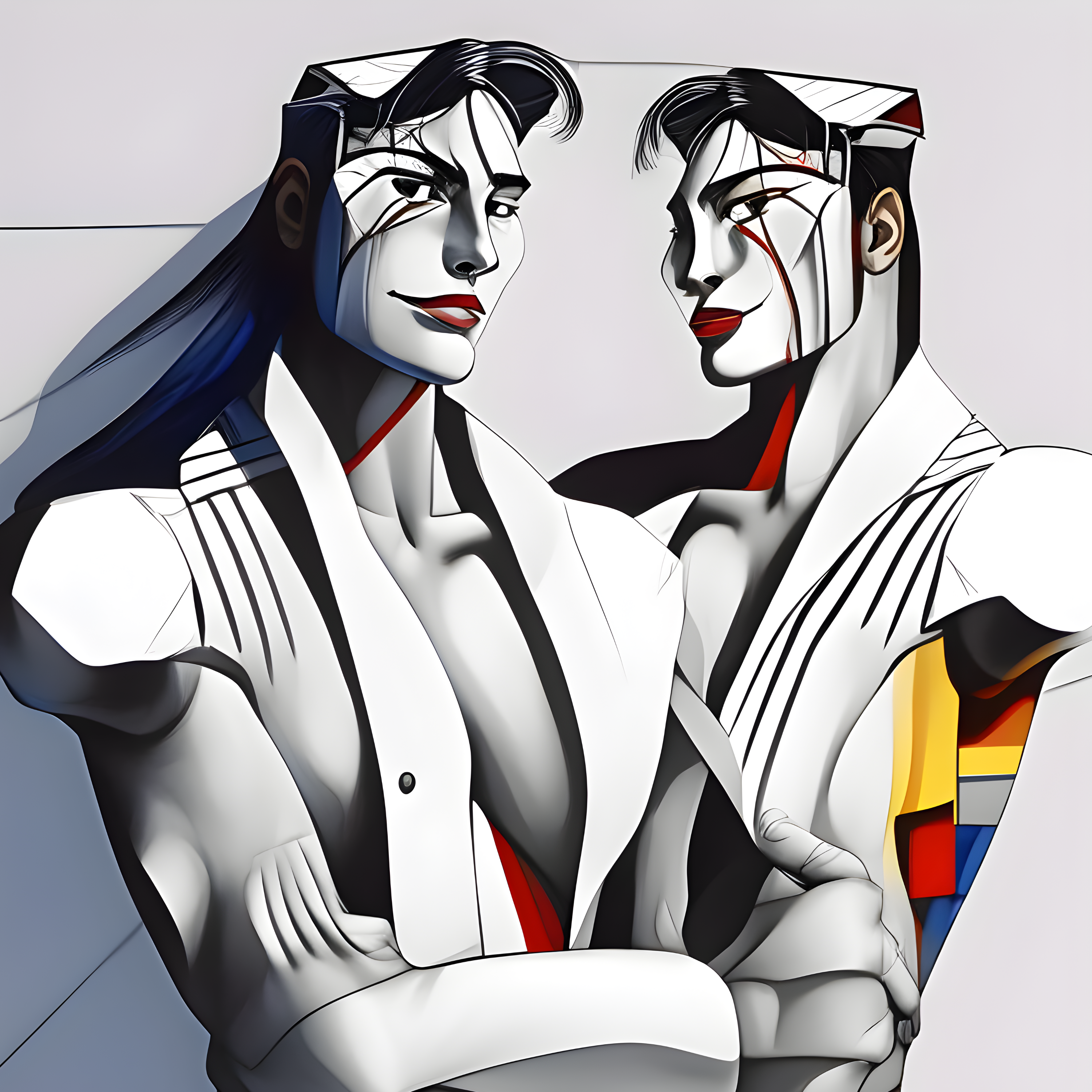 Two stylized human-like figures with angular features and contrasting colors, facing each other.