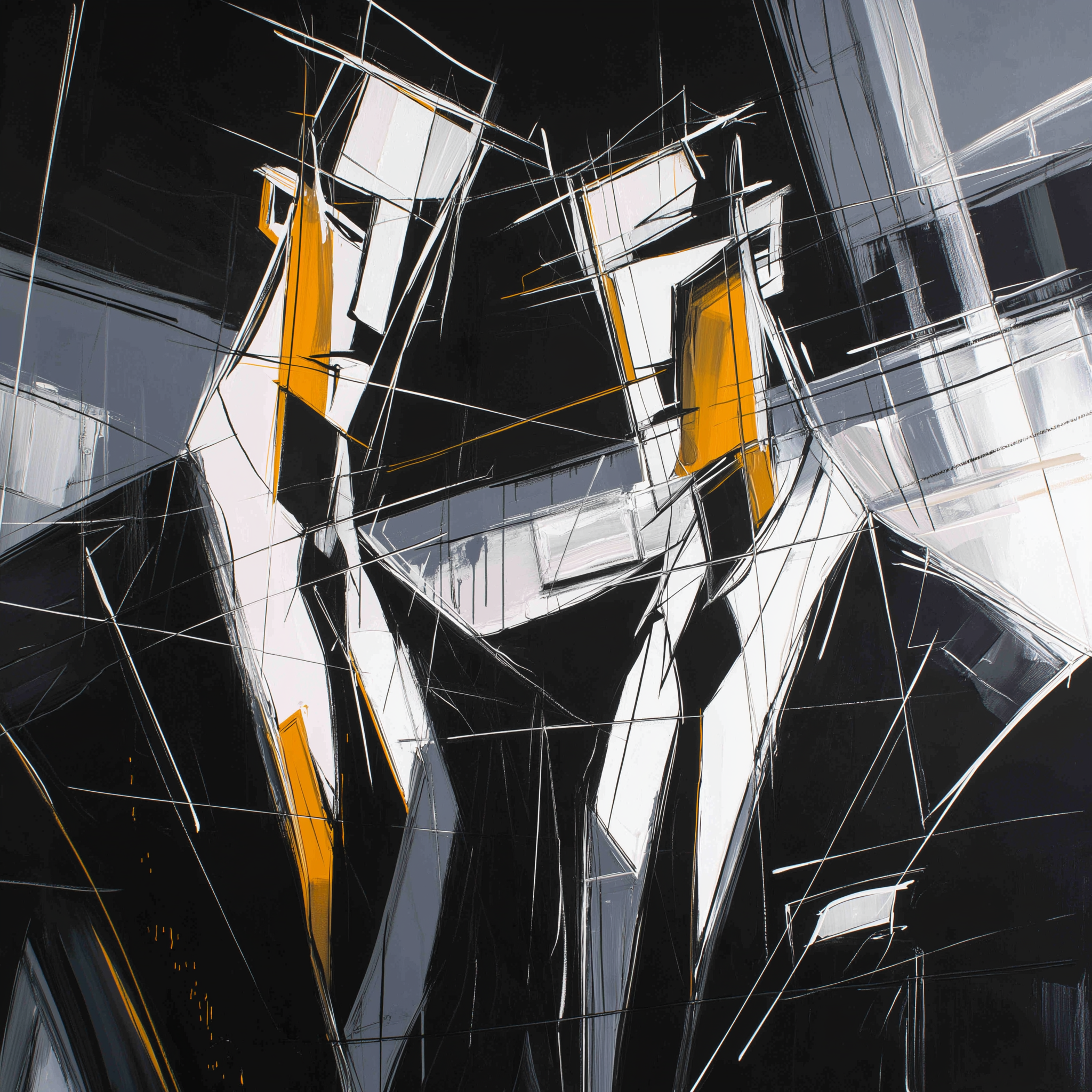 Two abstract figures in suits with angular features and contrasting colors.