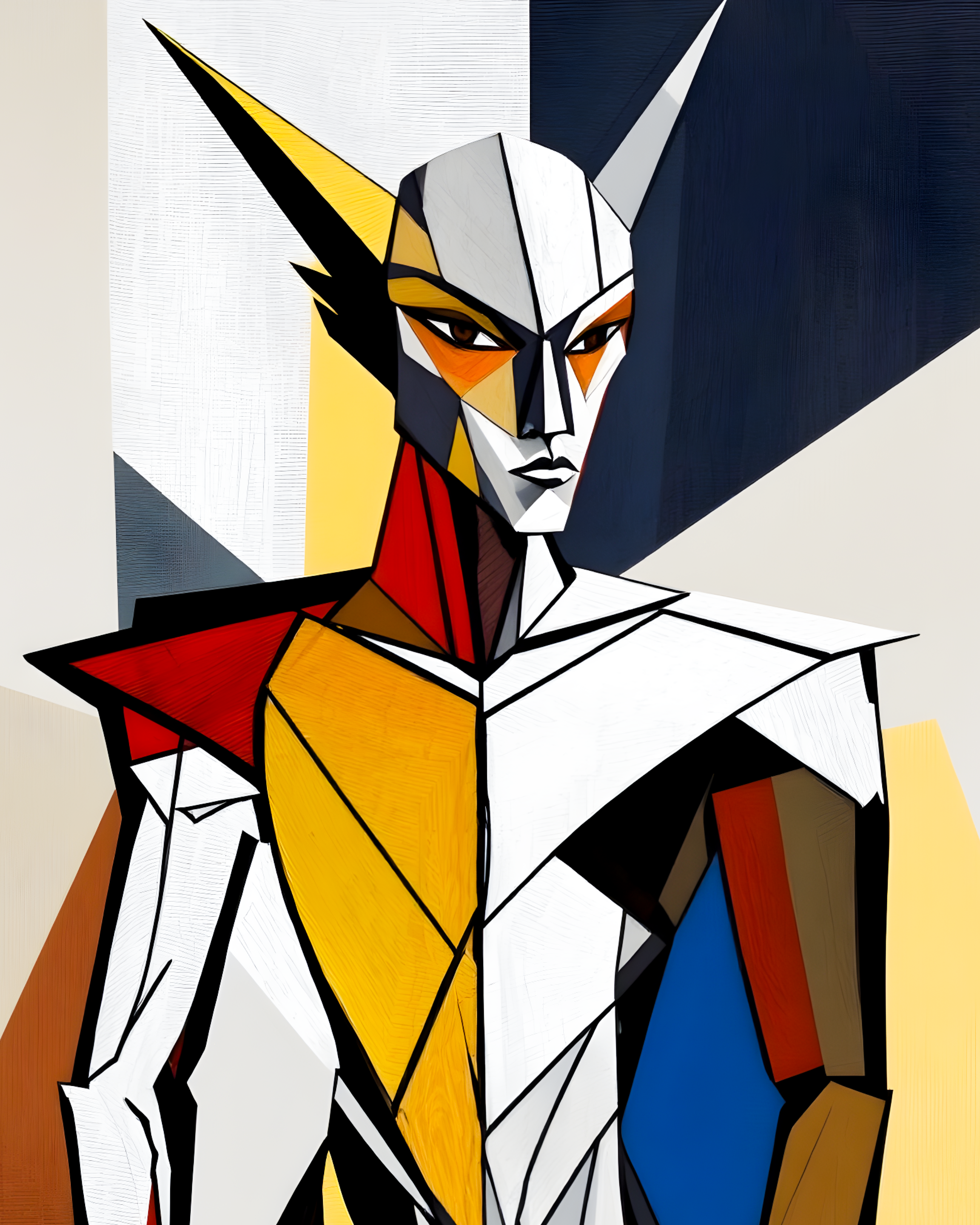 A stylized humanoid figure with angular shapes and bold colors.