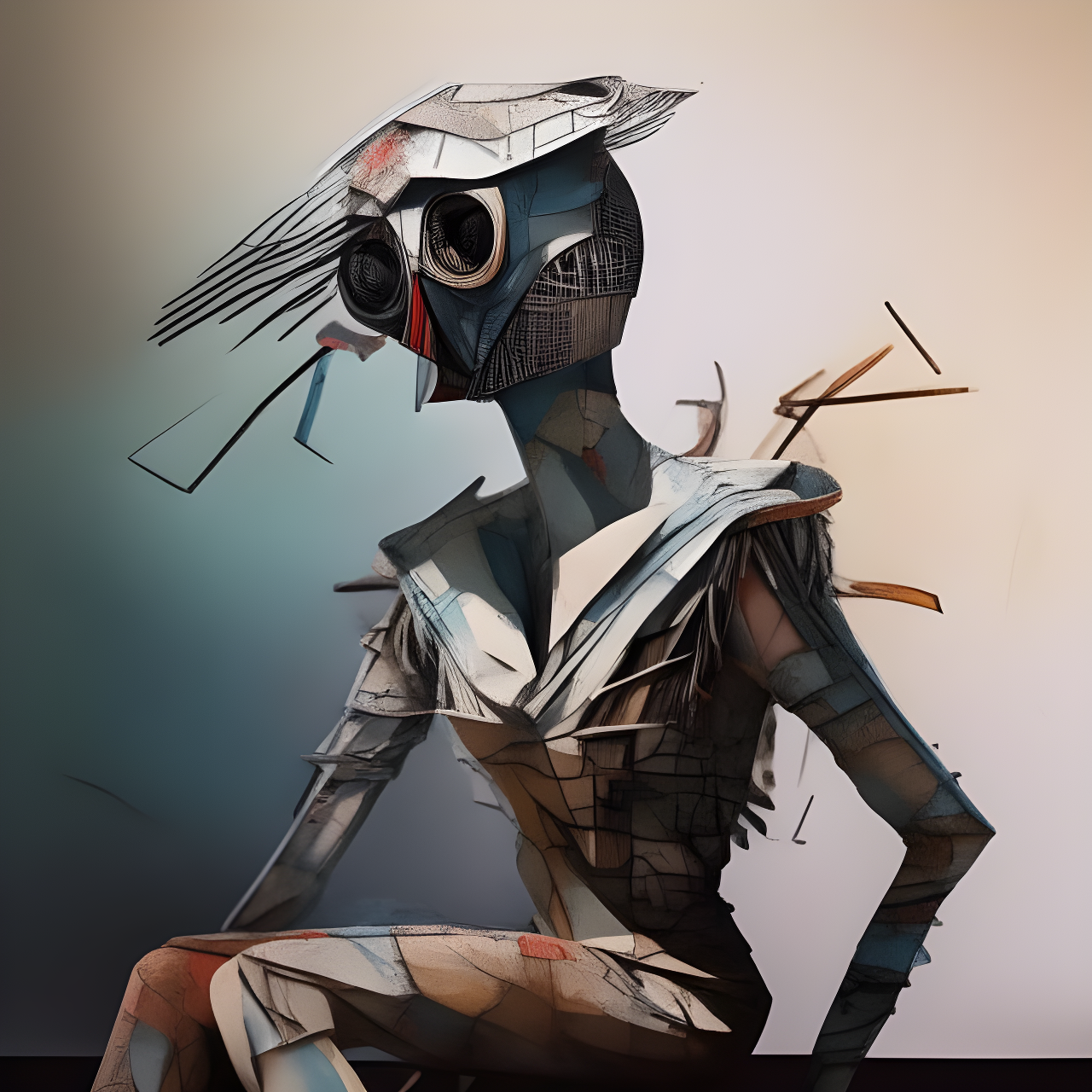 A stylized human-like figure with exaggerated features and abstract forms.