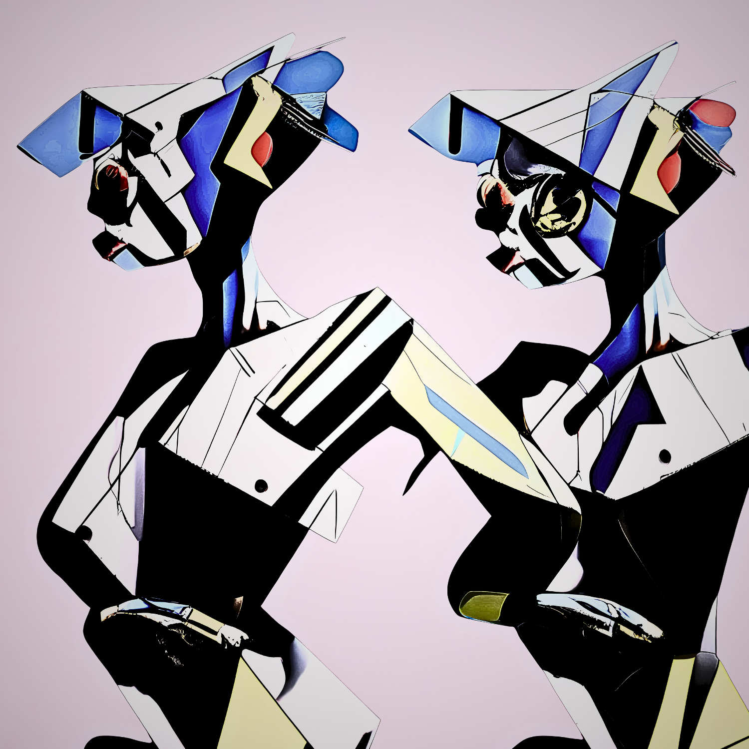Two abstract human-like figures with geometric shapes and vibrant colors.