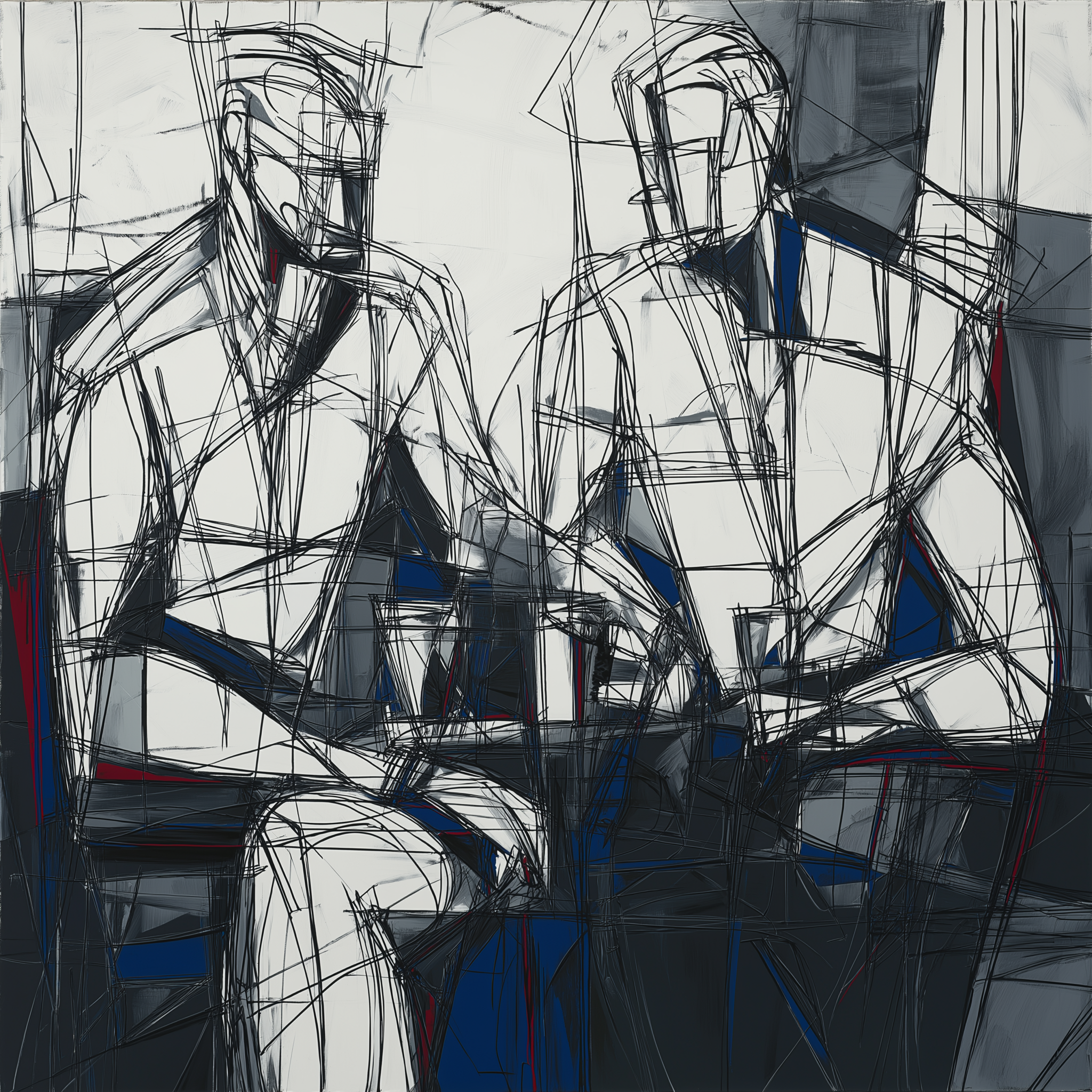 Two abstract human-like figures are seated and engaged in conversation, depicted with angular lines and a limited color palette.