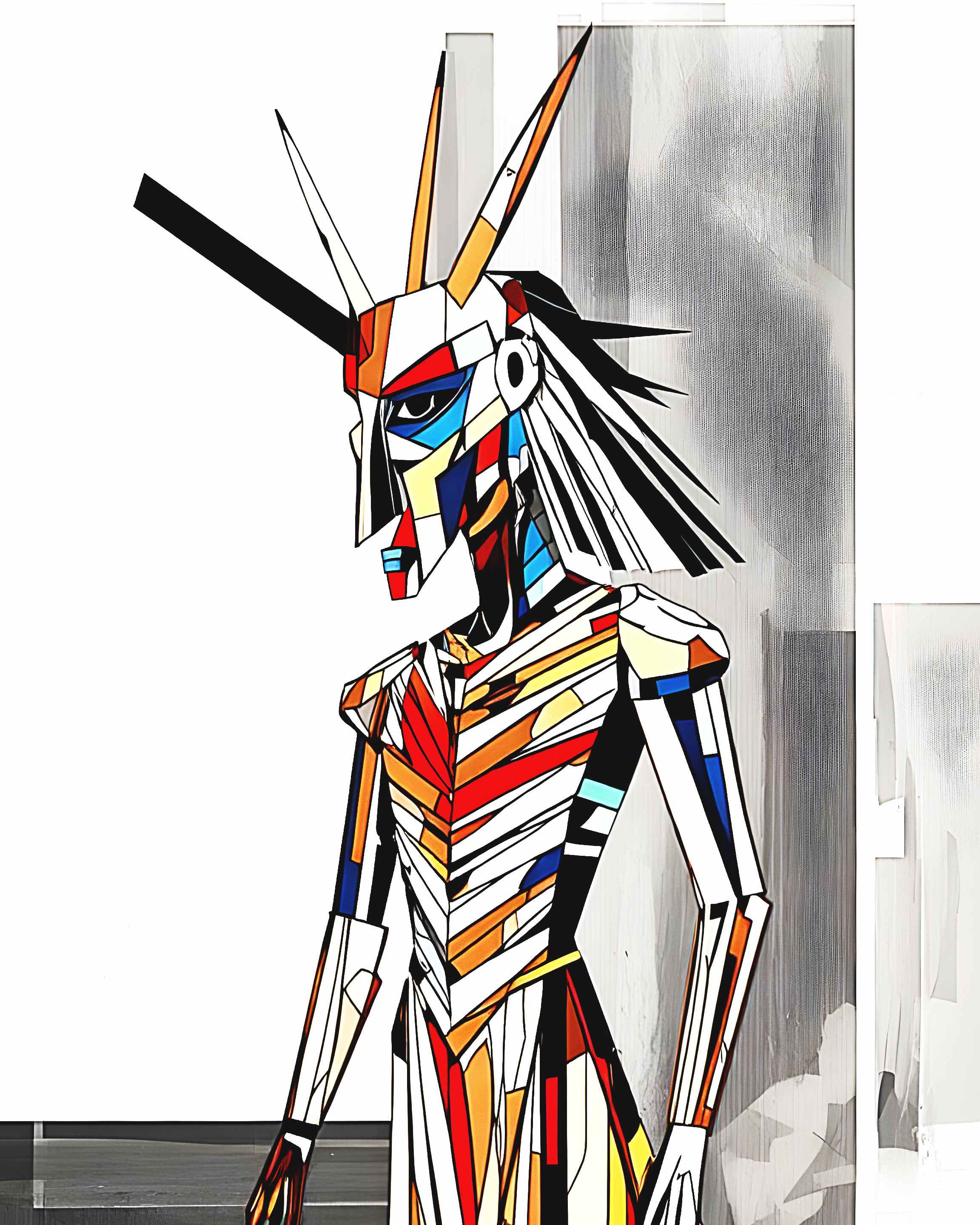 A stylized human-like figure with angular features and vibrant colors.