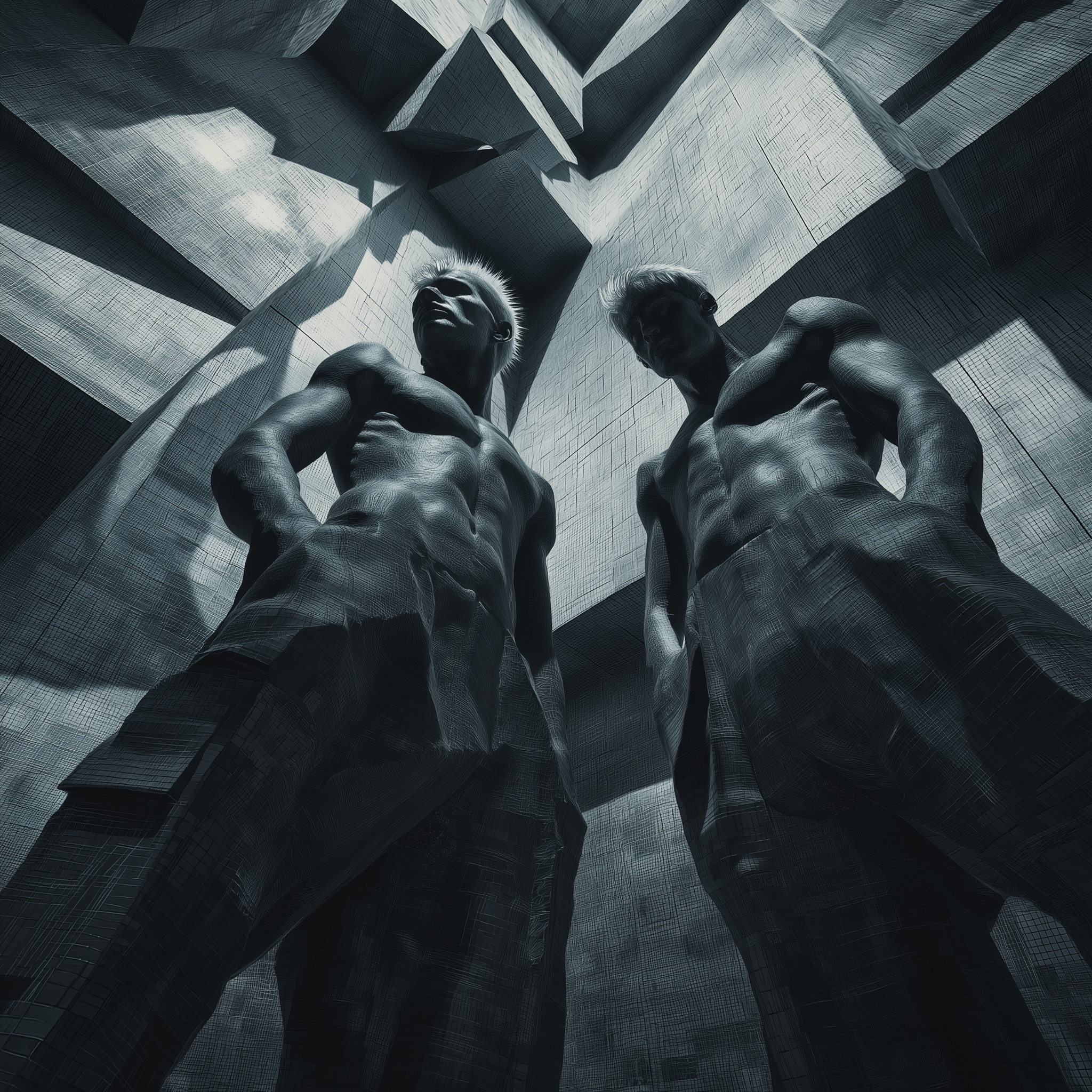 Two muscular male figures stand in a geometric space with textured walls.