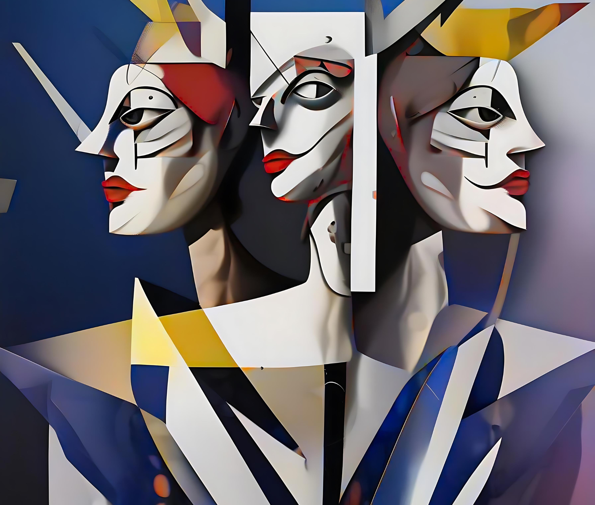 An abstract representation of three stylized human figures with bold colors and geometric shapes.