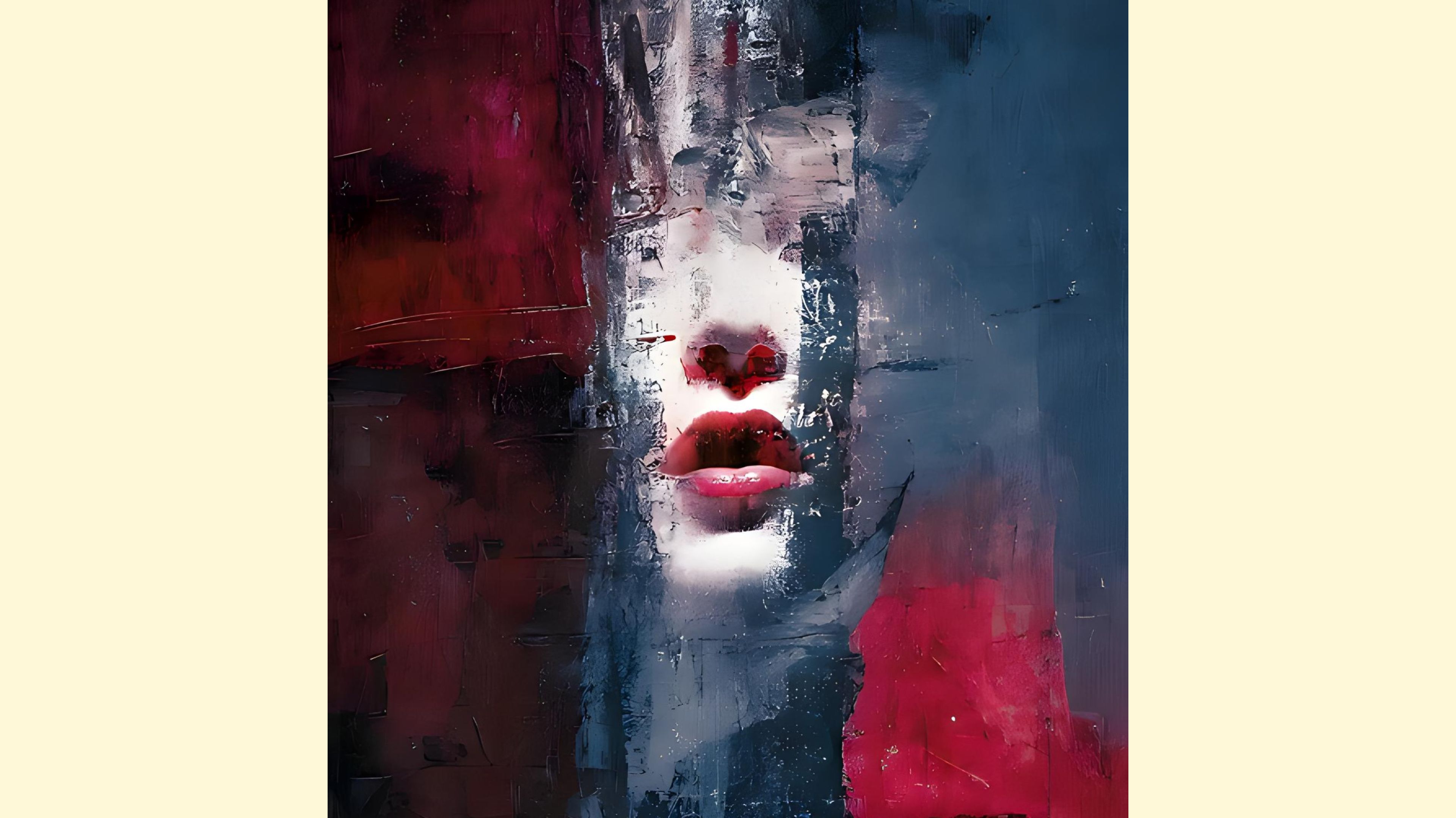 An abstract representation of a face with bold colors and textures.