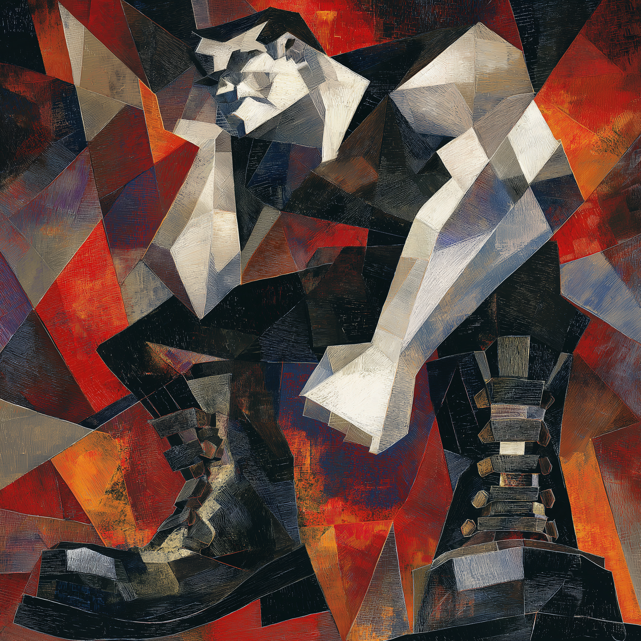 An abstract geometric figure with exaggerated masculine features, wearing heavy boots, set against a vibrant background.
