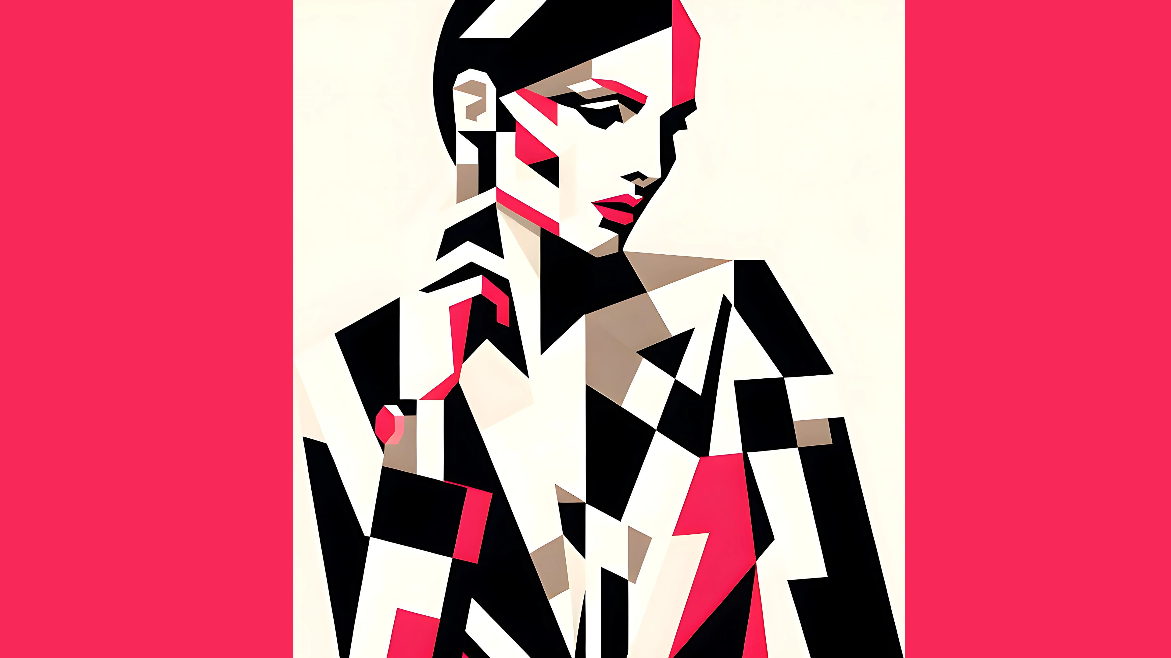A stylized cubist portrait of a woman with geometric shapes and bold colors.