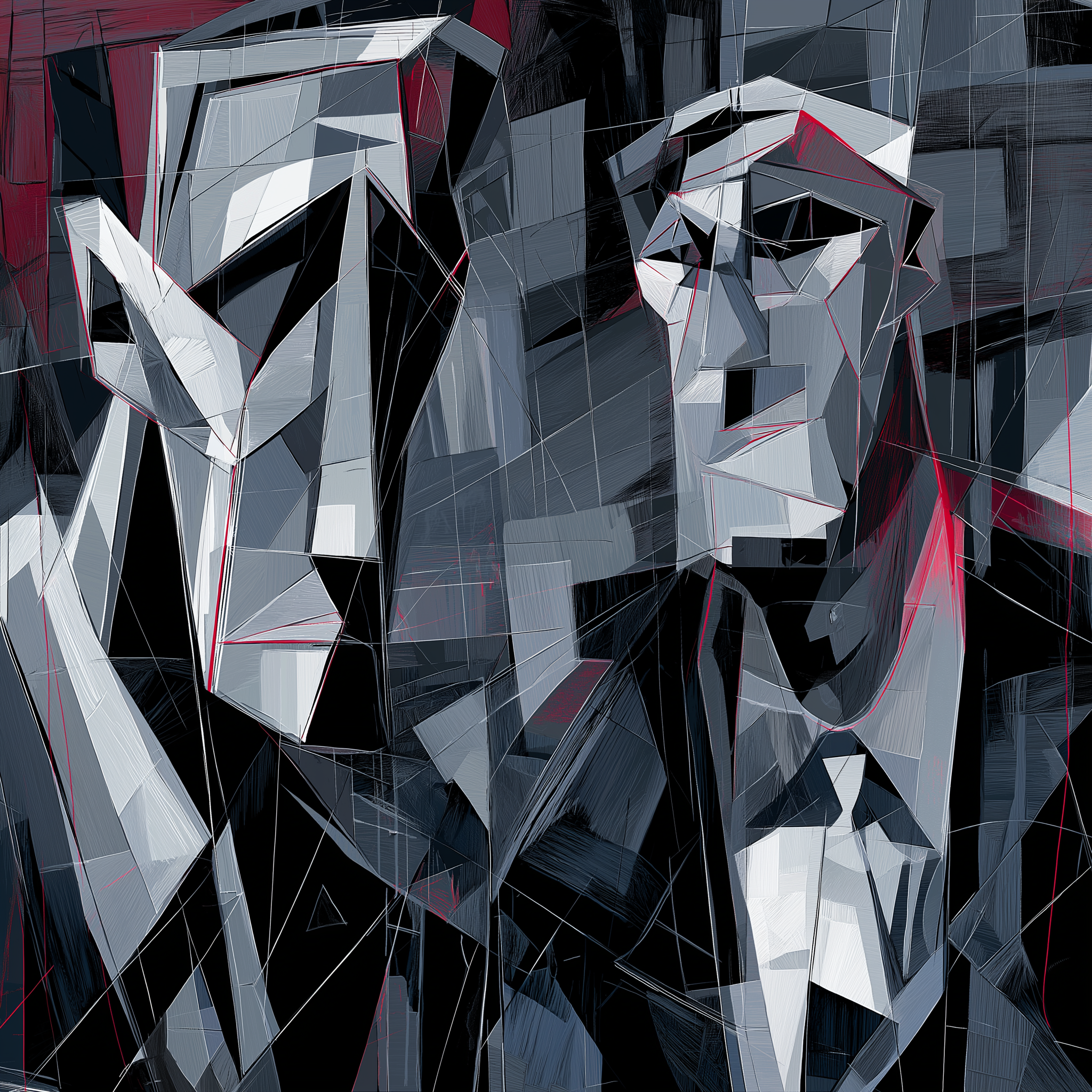An abstract geometric artwork featuring two stylized human-like figures in a cubist style.