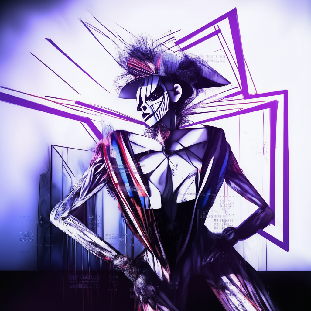 A stylized human-like figure with geometric patterns and vibrant colors against a purple background.