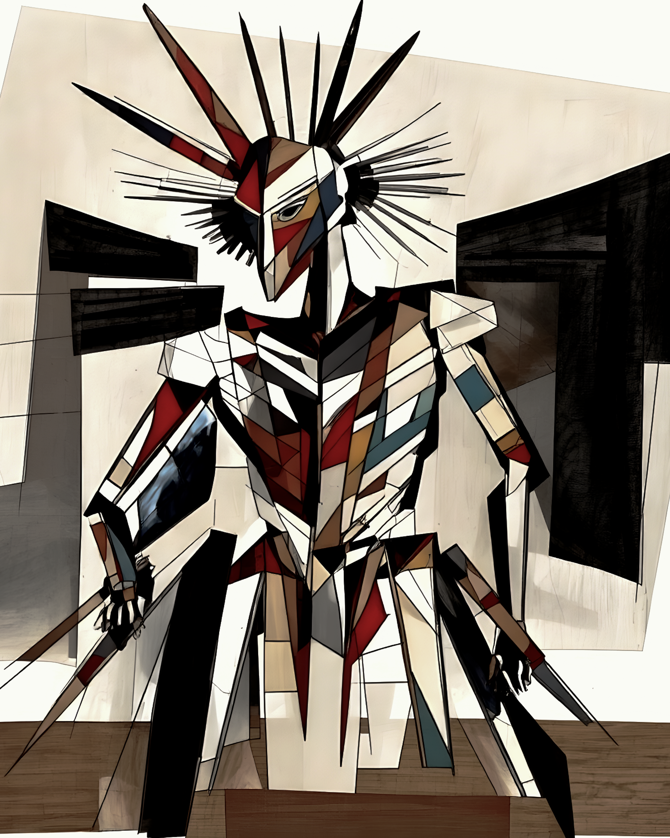 An abstract figure composed of geometric shapes and sharp lines.