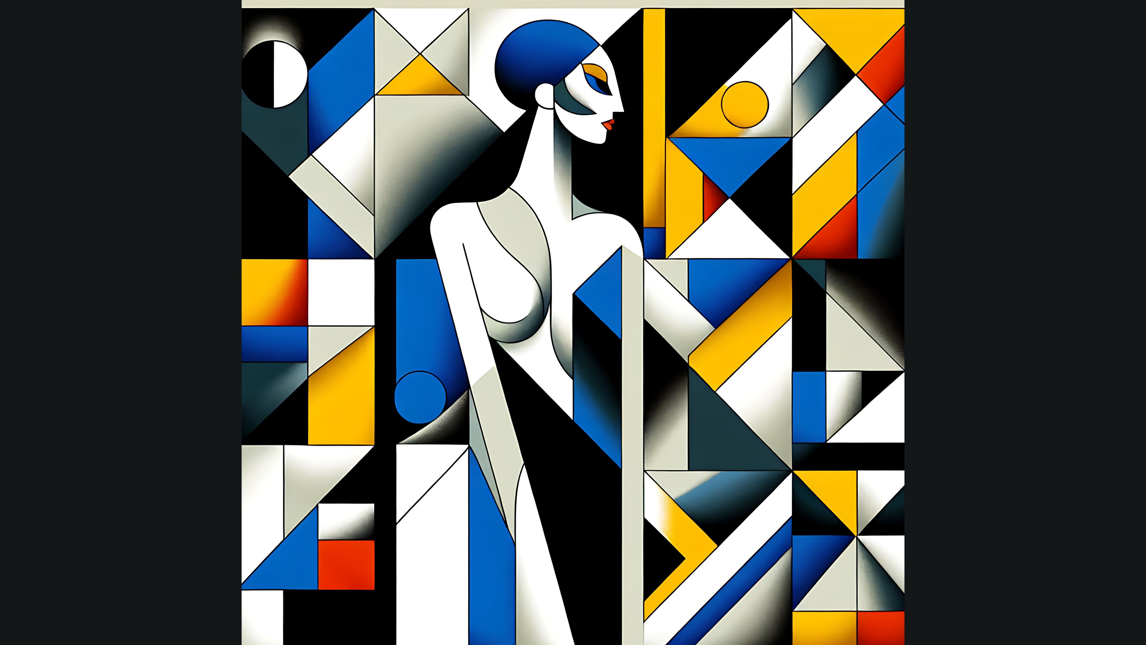 A stylized figure stands amidst geometric shapes in vibrant colors.