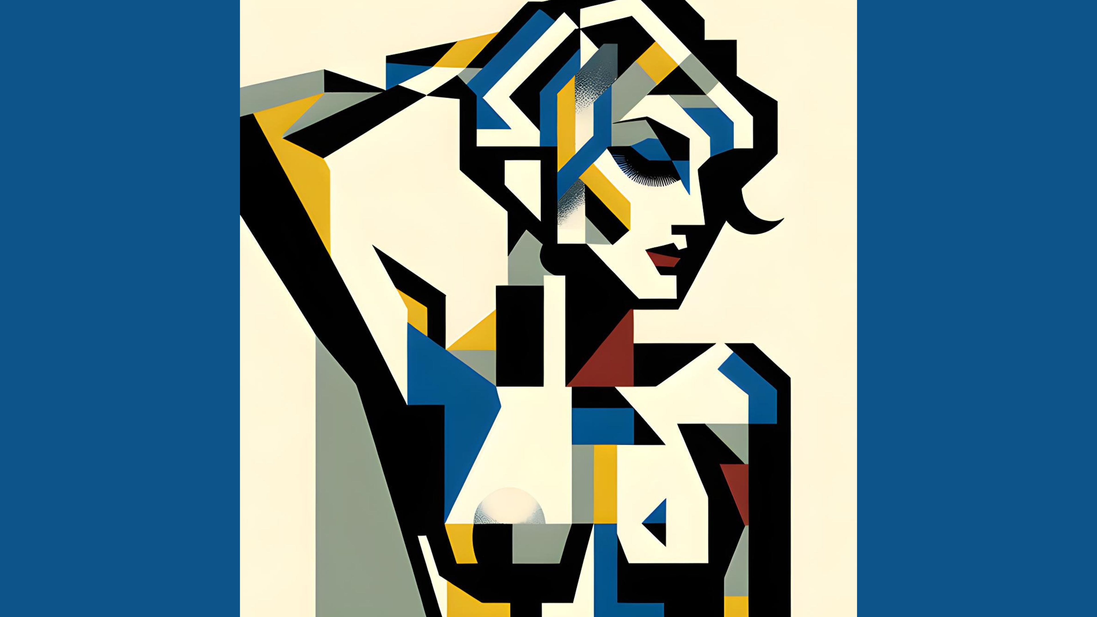 An abstract cubist representation of a female figure with geometric shapes and bold colors.