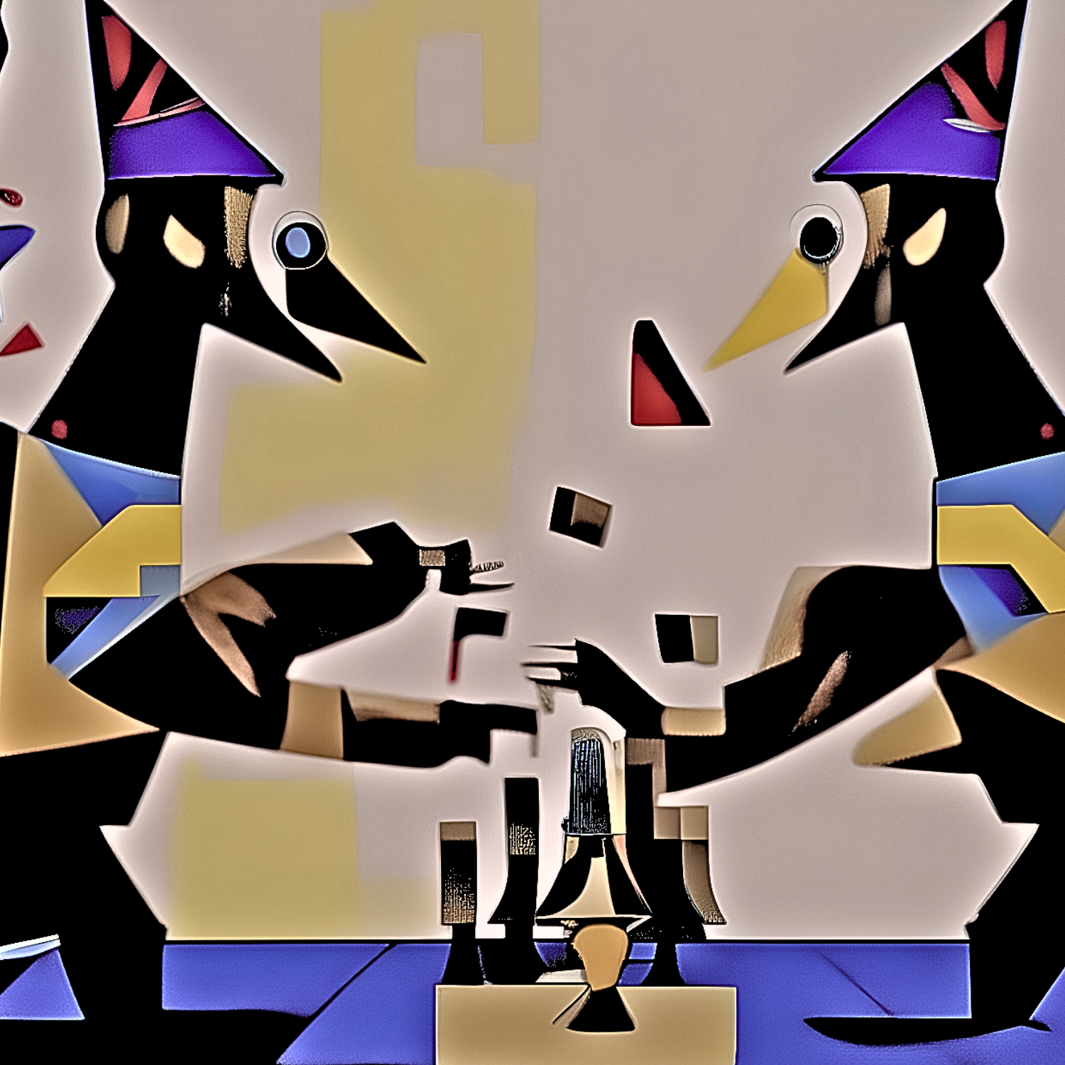 Two abstract figures with exaggerated features interact over a table.