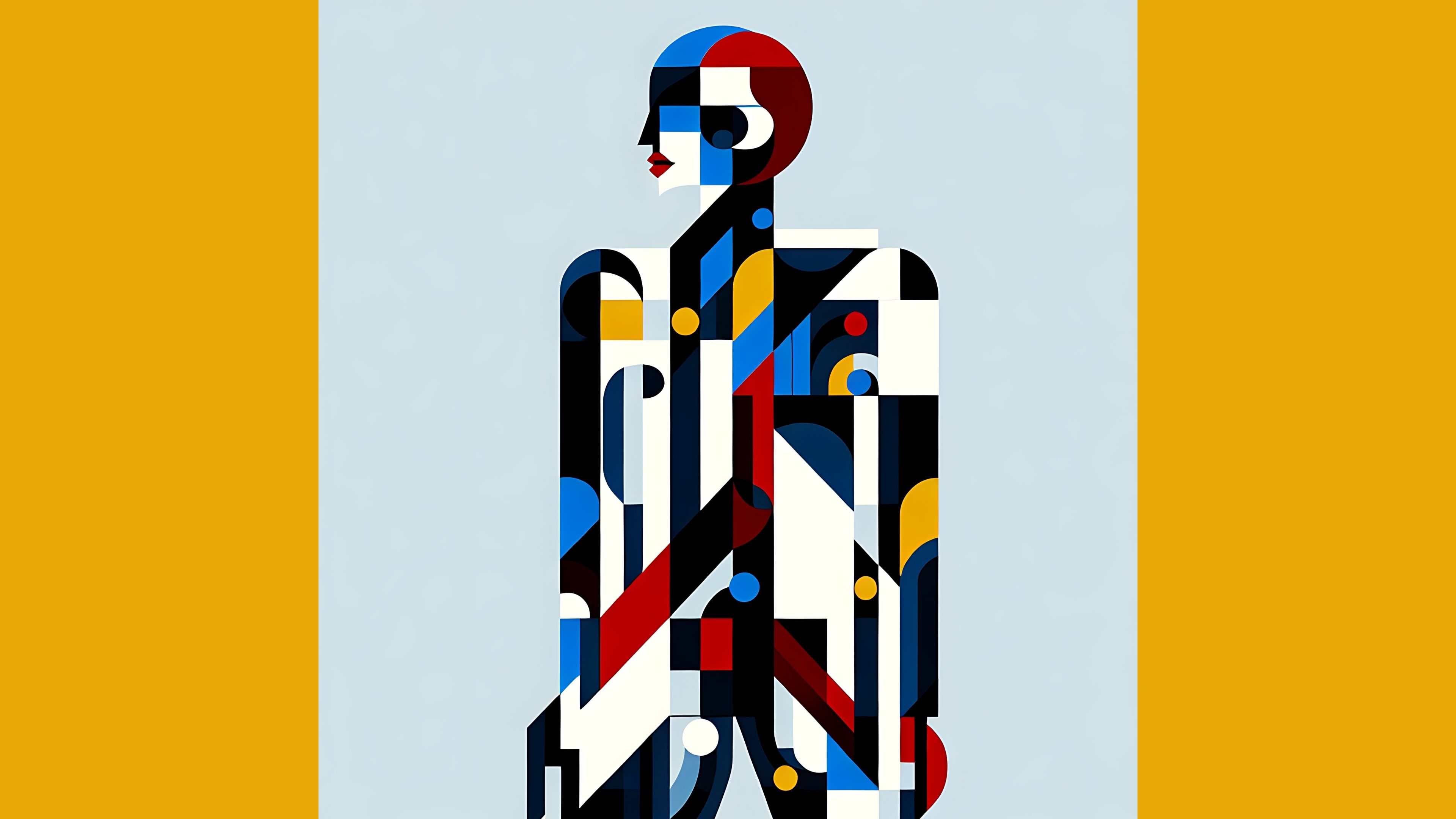 A stylized human-like figure composed of geometric shapes and bold colors.