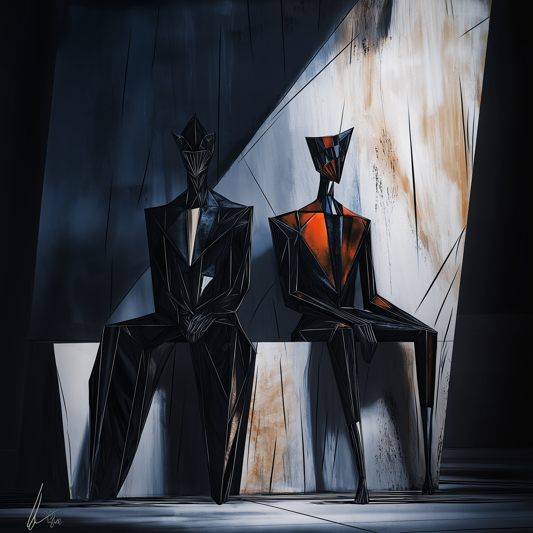 Two abstract human-like figures seated on a bench against a textured backdrop.